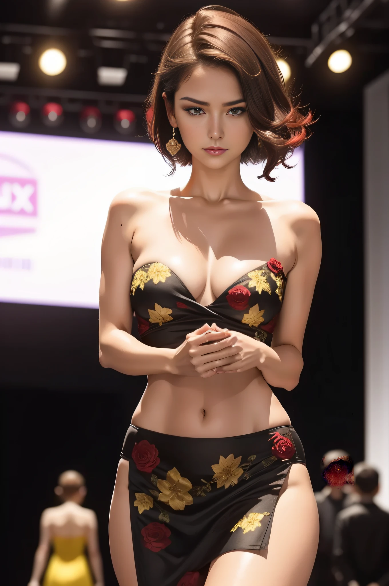 Best quality,tmasterpiece,1girll,red tinted hair,short detailed hair,eBlue eyes,shiny skins,sunflare,an award winning photograph, Wide-angle photo on the catwalk, stage lighting,Healthy body, closeup cleavage, with dynamism, Photorealistic, Realistic, Dramatic, Dark, Sharp focus, 8K,20yr old,fully body photo((top-quality,8K,tmasterpiece:1.3)),Sharp focus:1.2,Beautiful Women in Perfect Figure:1.4,The abdomen is slender:1.2,((Layered Hair Style,:1.2)),Large breasts 1.3,Green floral miniskirt,(distance:1.2),Yellow robe,Moist body:1.1,Very delicate face and skin texture,Detailed eyes,二重まぶた, suntanned skin,Raised sexy,marron marron,Real skin,Real eyebrows,Blue eyeballs,perfect proportion of body,facing away from the audience,Twist back,Exercise posture,looking at viewert,Gaze towards the viewer,Catwalk walk