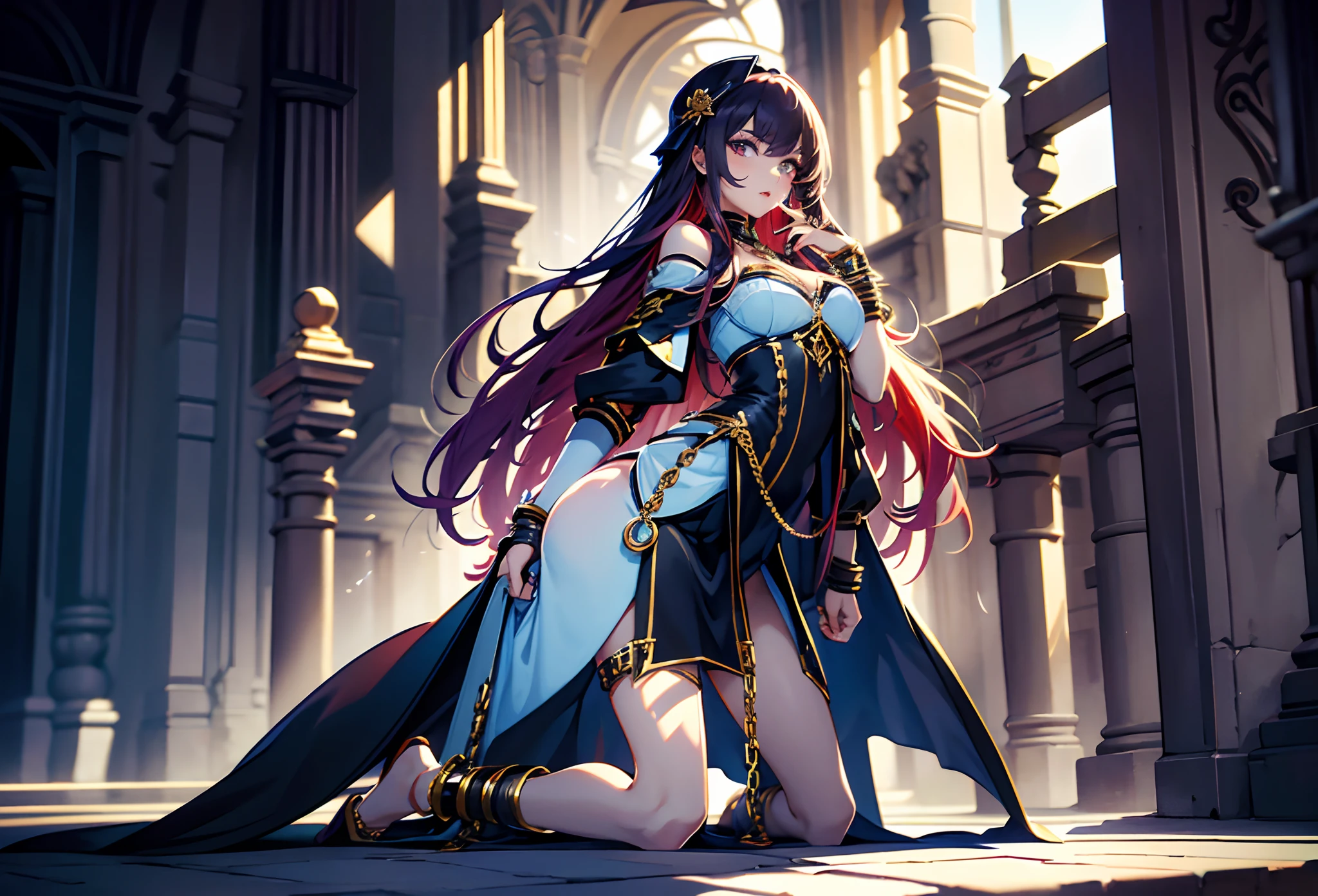 best qualityer,tmasterpiece,Ultimate resolution,downy,Extremely colorful,mature pretty woman,(guillotine,behead)(Kneeling pose)(Point at you with your ass),solo person,Upper body nudity,Beauty severed head,Normal posture,Redlip,shackle,guillotine,behead,Collar,handcuff,Anklets,Normal posture