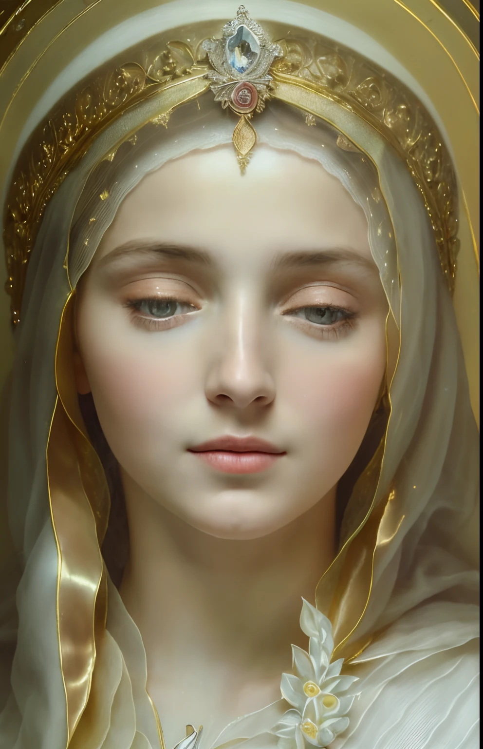 (((Blessed Virgin Mary. 19 years old))) (((IMAGEN VINTAGE RETRO))) ((( Con una cara seria y piadosa. Con una mirada dulce y tierna))) (obra maestra, calidad superior, mejor calidad, arte oficial, beautiful and aesthetic: 1.2), (1girl), extremadamente detallado, (Arte fractal: 1.3), colorido, highest detailed, Cara perfecta, parte superior del cuerpo, HDR, (orando: 1.3), (golden lines of white coat: 1.2), galaxia, (rayas de luz), eye-catching visuals, (dynamic stripes, senderos luminosos: 1.2), colores vibrantes,