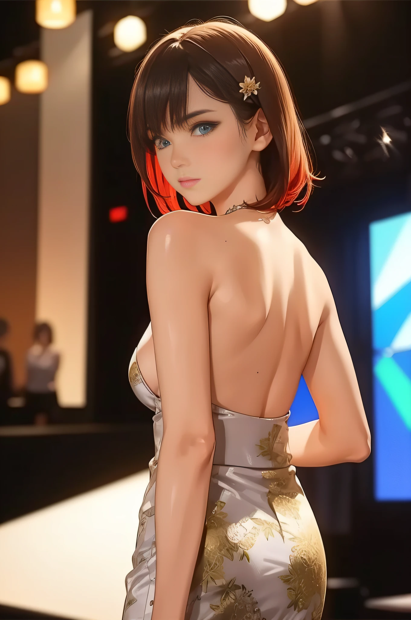 Best quality,tmasterpiece,1girll,red tinted hair,short detailed hair,eBlue eyes,shiny skins,sunflare,an award winning photograph, Wide-angle photo on the catwalk, stage lighting,Healthy body, closeup cleavage, with dynamism, Photorealistic, Realistic, Dramatic, Dark, Sharp focus, 8K,20yr old,fully body photo((top-quality,8K,tmasterpiece:1.3)),Sharp focus:1.2,Beautiful Women in Perfect Figure:1.4,The abdomen is slender:1.2,((Layered Hair Style,:1.2)),Large breasts 1.3,Green floral miniskirt,(distance:1.2),Yellow robe,Moist body:1.1,Very delicate face and skin texture,Detailed eyes,二重まぶた, suntanned skin,Raised sexy,marron marron,Real skin,Real eyebrows,Blue eyeballs,perfect proportion of body,facing away from the audience,Twist back,Exercise posture,looking at viewert,Gaze towards the viewer,Catwalk walk