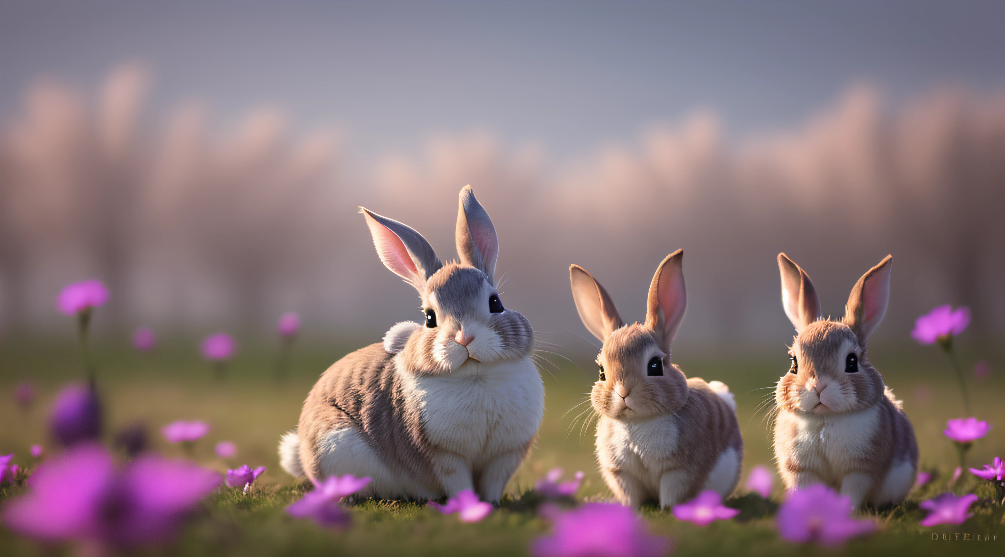 Close-up photo of rabbits in Sunshine Park,clean backdrop,depth of fields,largeaperture,photography of,butterflys,volume fog,Halo,blooms,Dramatic atmosphere,at centre,the rule of thirds,200 mm 1.4F macro shooting