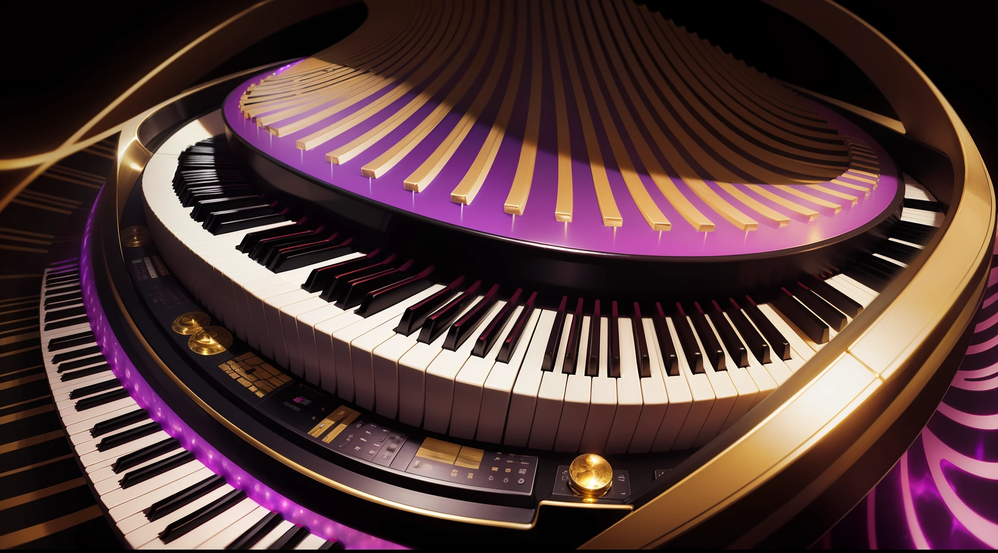 a close up piano with a gold, black, purple color design, very trippy and abstract, whimsical and psychedelic, rock & roll vibe