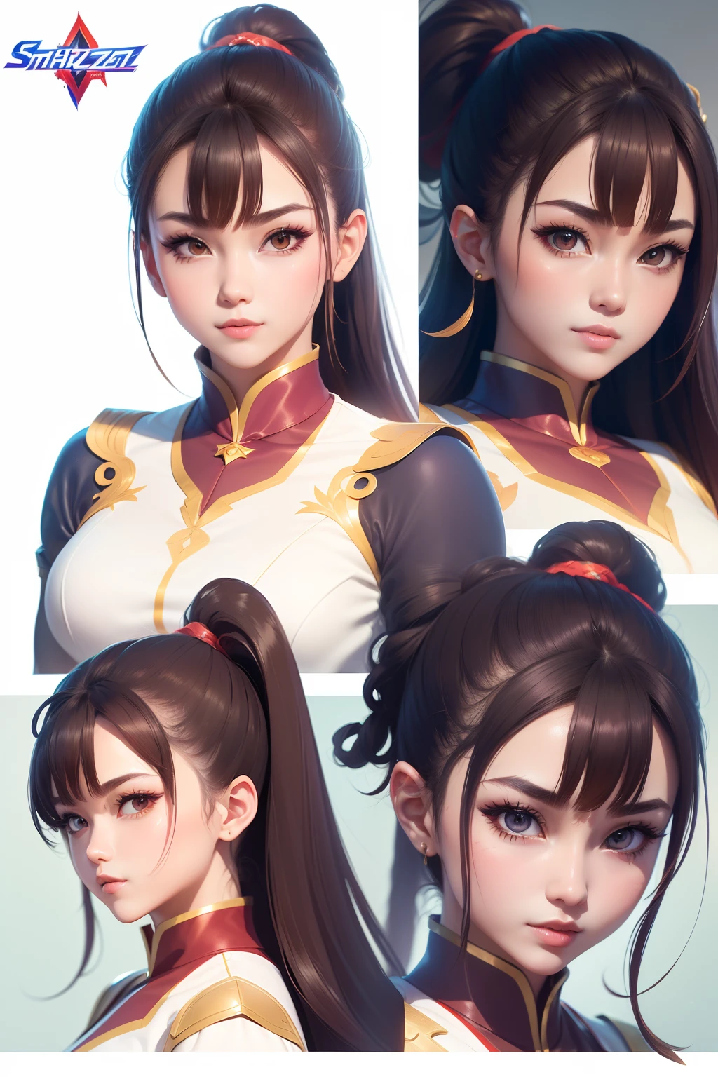 ((masterpiece)),(((best quality))),(character design sheet, same character, front, side, back), illustration, 1 girl, hair color, bangs, hairstyle fax, eyes, environment change scene, Hairstyle Fax, Pose Zitai, Female, Shirt Shangyi, Star, Charturnbetalora, (simple background, white background: 1.3), --6