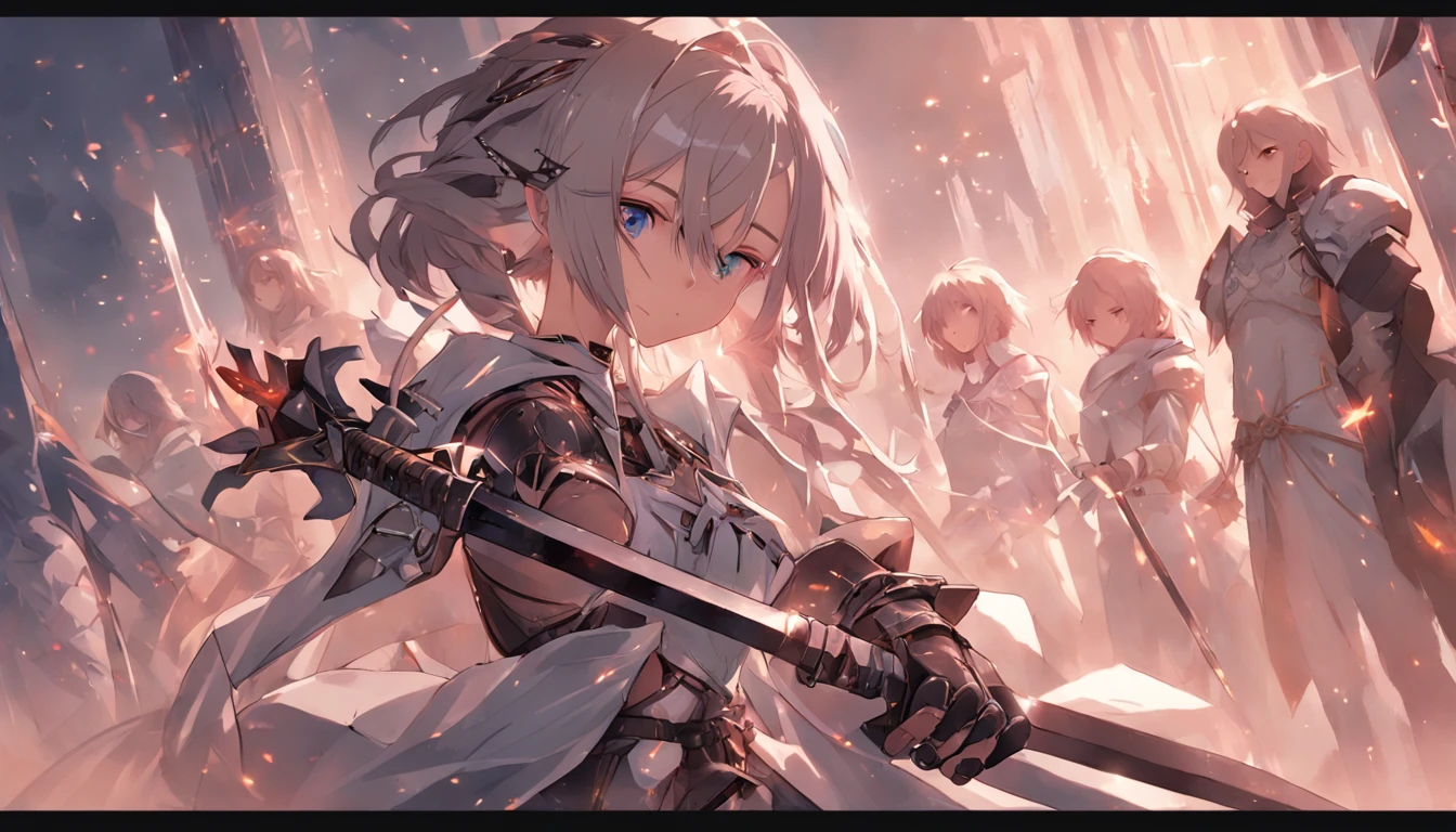 (masterpiece, top quality, best quality, official art, beautiful and aesthetic:1.2),weapon, sword, holding, multiple girls, blue eyes, long hair, looking at viewer, armor, fingerless gloves, holding weapon, gloves, holding sword, standing, hair ornament, bangs, multiple boys, capelet, 6+girls, braid, dress, black gloves, own hands together, serious, glowing, closed mouth, backlighting, long sleeves, shoulder armor, short hair, hair flower, floating hair, white hair, flower, white dress, belt, robe, hair between eyes, crown braid, 6+boys, brown hair, gauntlets, jewelry, pauldrons, hands on hilt, hood, two-handed, wide sleeves, light particles