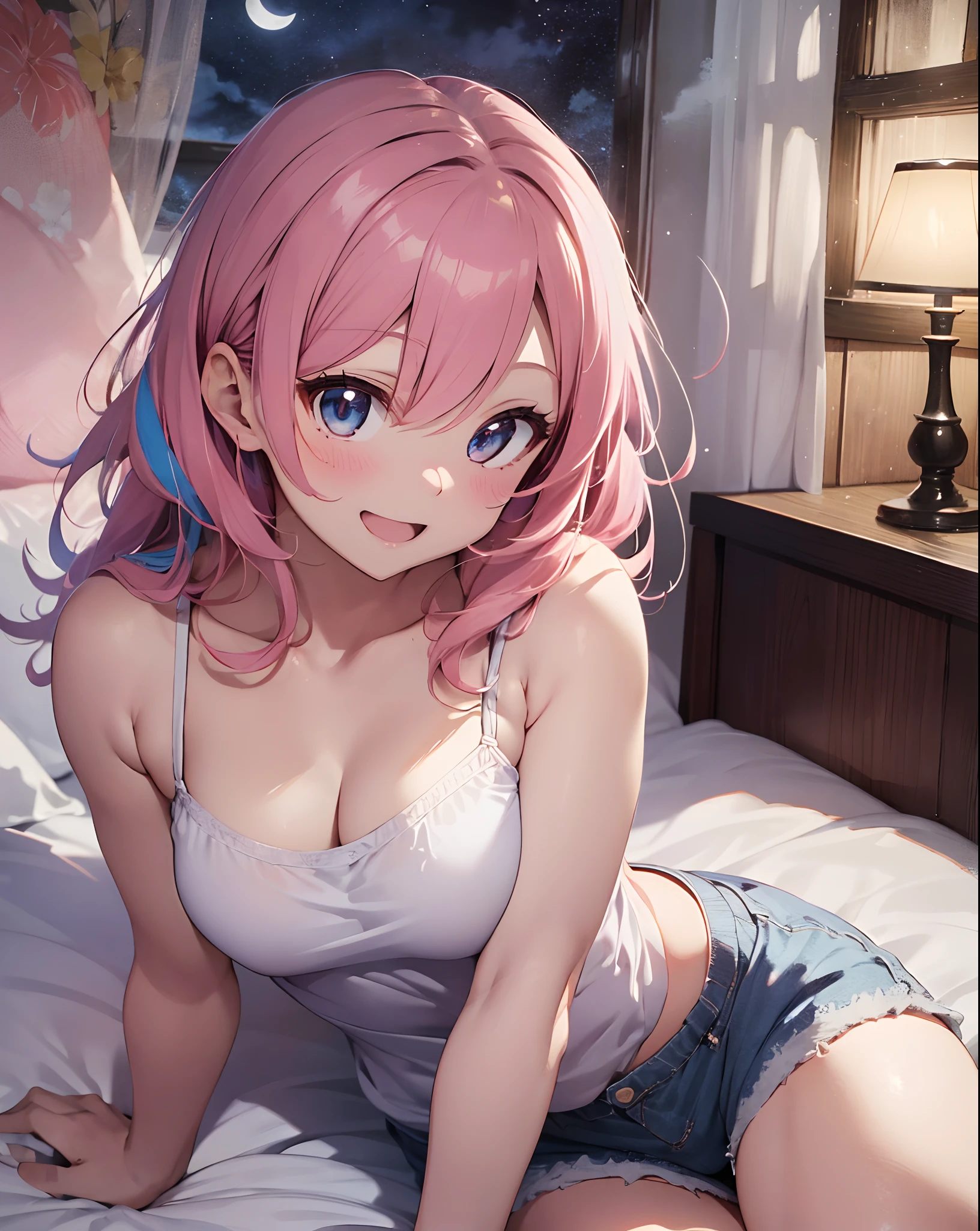 ((masutepiece)), ((Best Quality)), (Very detailed), Real from Thailand,8K,pixiv top quality,Potato,((Twin-tailed))Pink hair、Very long hair、hand on own face、Relax Smile,Open mouth, Cute,
Bedroom at night、White Backless Camisole、Blue shorts、 Teenage, medium boobs,
on the beds、Moon Night