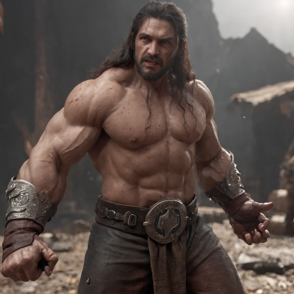 (professional 3d render:1.3) af (Realistic:1.3) most beautiful artwork photo in the world,Features soft and shiny male heroes, ((Epic hero fantasy muscle man rough wet hero angry look long hair short beard and ferocious expression in dynamic pose, Fantastic location, Majestic cluttered environment)), full body 8k unity render, action shot, skin pore, very dark lighting, heavyshading, Detailed, Detailed face, (vibrant, photograph realistic, Realistic, Dramatic, Dark, Sharp focus, 8K), (Old leather garments damaged by weathering:1.4), ((((Wear fur)))), (Intricate:1.4), decadent, (Highly detailed:1.4), Digital painting, rendering by octane, art stations, concept-art, smooth, Sharp focus, illustration, Art germ, (loish:0.23), wlop ilya kuvshinov, and greg rutkowski and alphonse mucha gracias, (Global illumination, Studio light, volumettic light), heavy rain, particles floating, lotr, fantasy, elf, full bodyesbian, ((Dark and ancient city background:1.3)),CGSesociety,art stations