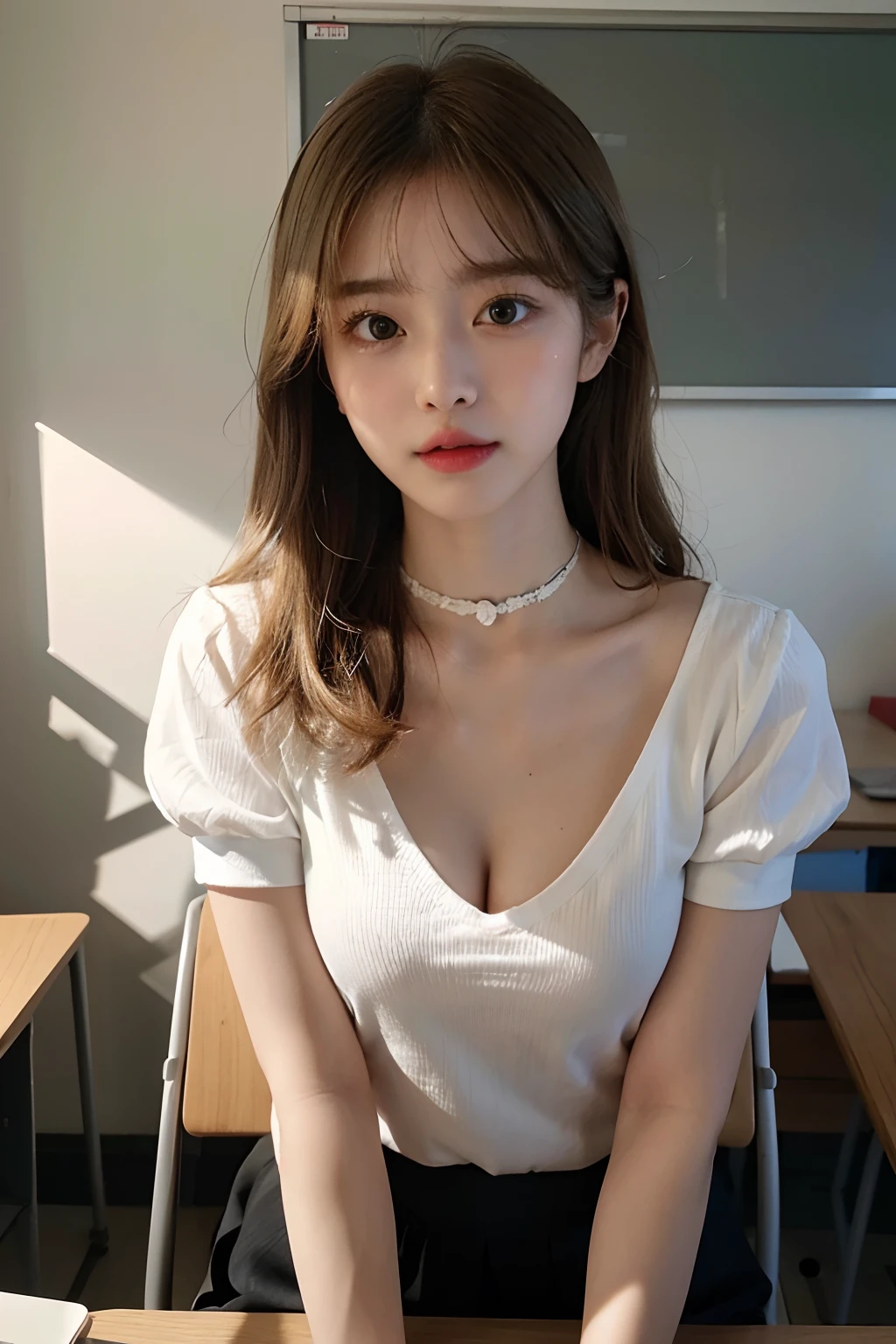 8K RAW photos,A high resolution,very Bigger breasts,Very tight breasts,chest circumference,bossy pose,sulky look,Nice bright blonde hair,校服,ribbons,The shirt,a skirt,School Classroom,sittinng on the desk,beautiful thigh,beautiful girl at 16 years old,with a round face,a baby face,Very small lips,Beautiful face in every detail,long eyelasher,beautiful double eyelid, Three white eyes,duck mouth,bluntbangs,耳Nipple Ring,choker necklace,(Expose cleavage),mediuml breasts