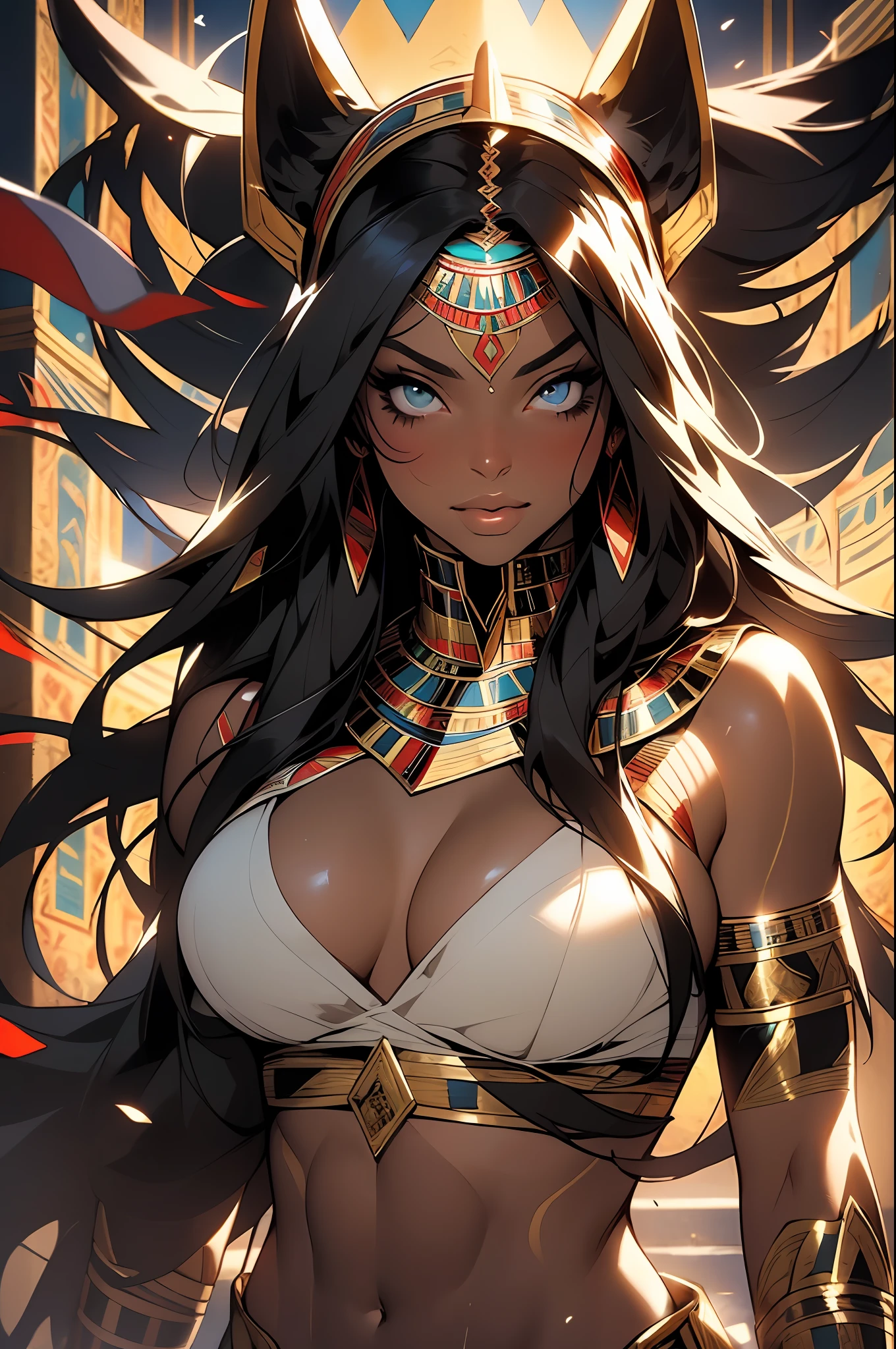 ((Frank Frazetta)), Beautiful full-bodied black woman, Beautiful eyes、 Egyptian woman, Egyptian adornments, muscular and perfect body,(top-quality、8K、32K、​masterpiece、nffsw:1.3)、超A high resolution,(Photorealsitic:1.4),, long black hair with heavy bangs on the forehead,,Sun glare,depth of fields,Backlight effect adds depth to the screen、muscular body, Red veil, dark skin shiny with oil and sweat, Anubis warrior in small clothes, Metal Bra, Egyptian tattoo, arms covered by Egyptian adornments, Large breasts, Generous cleavage, , brave face, dark kingdom, Sexy Pose, A desert, pyramids in the background