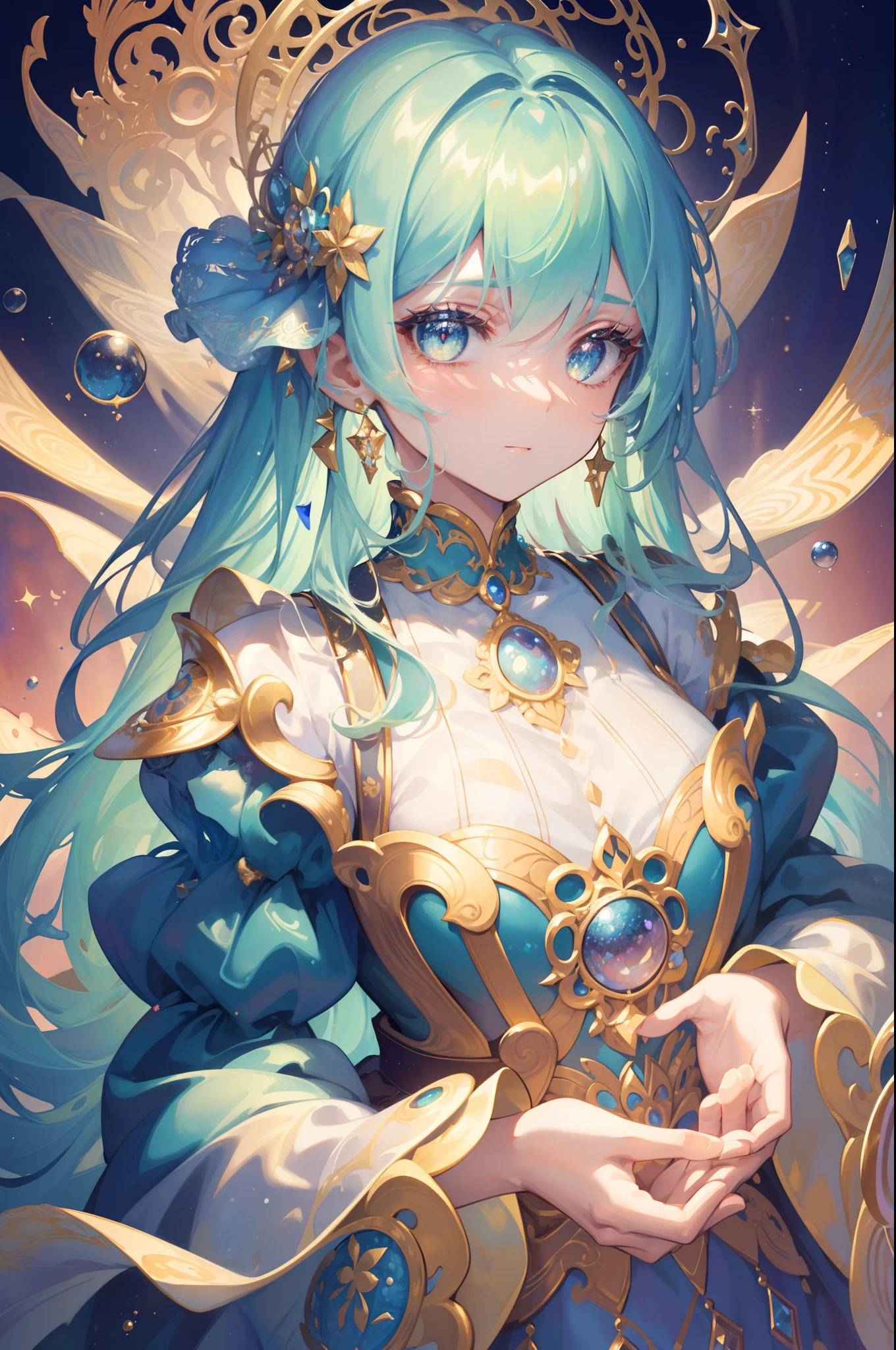masterpiece, best quality, 8k resolution, sharp focus, intricate detail, beautiful girl, sparkling eyes, golden ratio face, otherworldly liquid, watercolor, cool colors, bright colors, whimsical, colorful, sharp focus, high resolution, fine detail, ((layered tiered puffy long sleeves ballgown)), ((round eyes)), iridescent bubbles, fantasia background