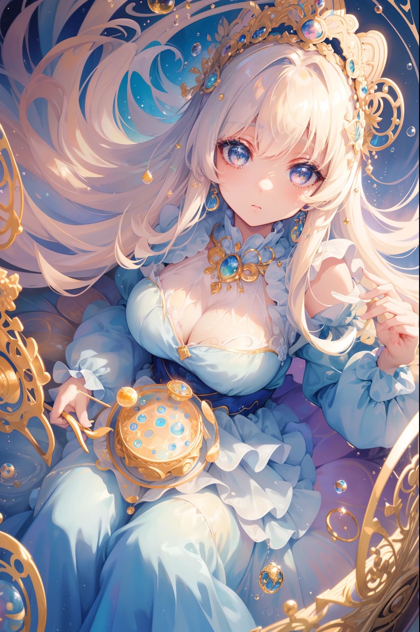 masterpiece, best quality, 8k resolution, sharp focus, intricate detail, beautiful girl, sparkling eyes, golden ratio face, otherworldly liquid, watercolor, cool colors, bright colors, whimsical, colorful, sharp focus, high resolution, fine detail, ((layered tiered puffy long sleeves ballgown)), ((round eyes)), iridescent bubbles, fantasia background