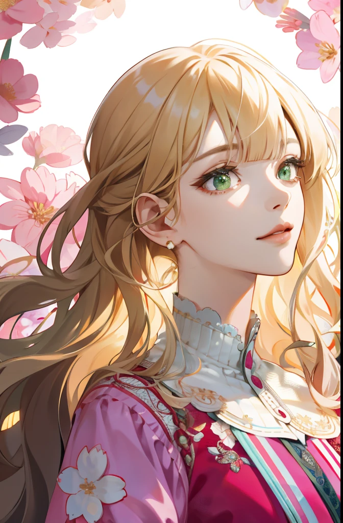 (absurdres, highres, ultra detailed), 1girl, mature female, wavy blonde hair, long hair, blunt bangs, green eyes, pink dress, finely detailed eyes and detailed face, extremely detailed CG unity 8k wallpaper, intricate details, BREAK , kaleidoscopic imagery, symmetrical patterns, vibrant colors, geometric shapes, mesmerizing designs, optical illusions, dynamic composition BREAK , pantomime art, expressive body language, silent storytelling, evocative gestures, visual narratives, theatrical performances BREAK , blooming flowers, colorful petals, fragrant scents, nature's bounty, vibrant gardens, peaceful scenery