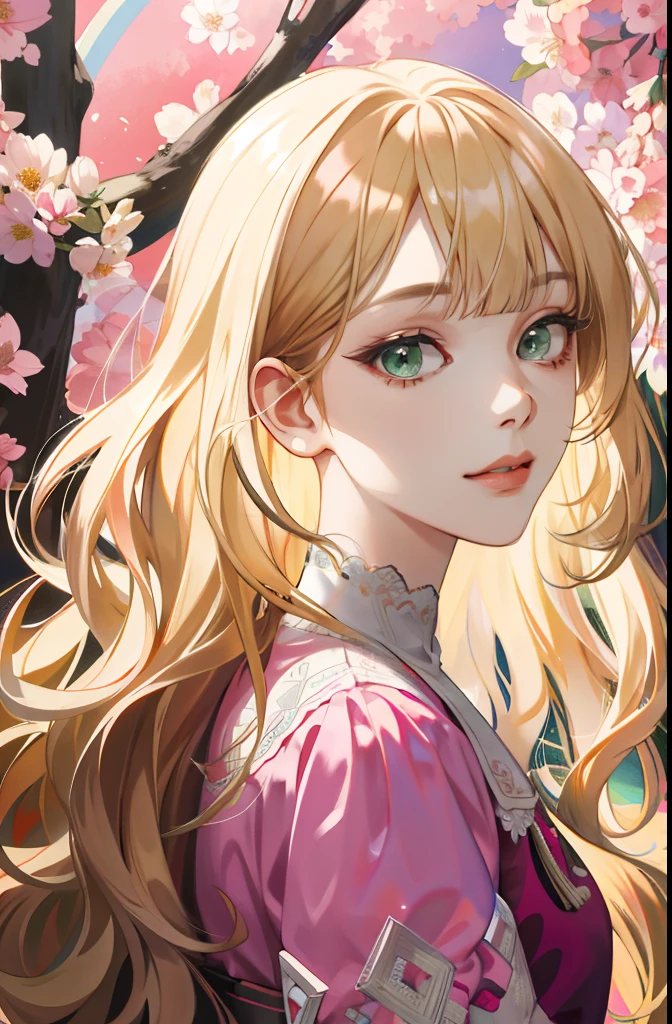 (absurdres, highres, ultra detailed), 1girl, mature female, wavy blonde hair, long hair, blunt bangs, green eyes, pink dress, finely detailed eyes and detailed face, extremely detailed CG unity 8k wallpaper, intricate details, BREAK , kaleidoscopic imagery, symmetrical patterns, vibrant colors, geometric shapes, mesmerizing designs, optical illusions, dynamic composition BREAK , pantomime art, expressive body language, silent storytelling, evocative gestures, visual narratives, theatrical performances BREAK , blooming flowers, colorful petals, fragrant scents, nature's bounty, vibrant gardens, peaceful scenery
