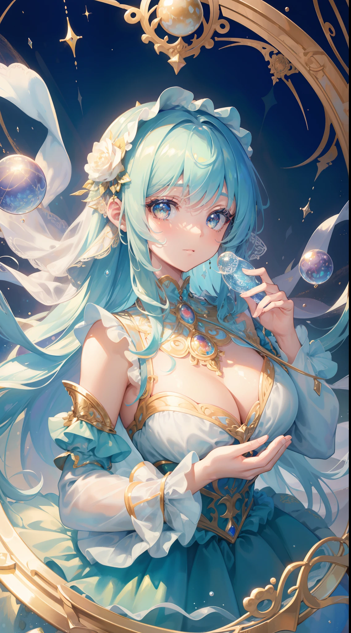 masterpiece, best quality, 8k resolution, sharp focus, intricate detail, beautiful girl, sparkling eyes, golden ratio face, otherworldly liquid, watercolor, cool colors, bright colors, whimsical, colorful, sharp focus, high resolution, fine detail, ((layered tiered puffy long sleeves ballgown)), ((round eyes)), iridescent bubbles, fantasia background