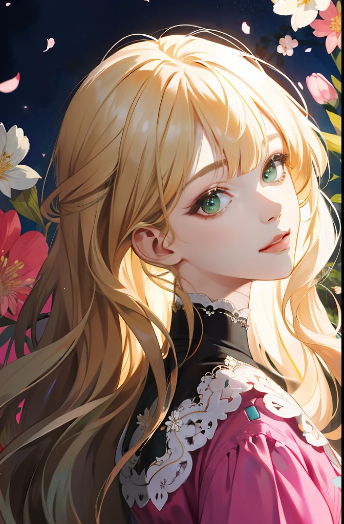 (absurdres, highres, ultra detailed), 1girl, mature female, wavy blonde hair, long hair, blunt bangs, green eyes, pink dress, finely detailed eyes and detailed face, extremely detailed CG unity 8k wallpaper, intricate details, BREAK , kaleidoscopic imagery, symmetrical patterns, vibrant colors, geometric shapes, mesmerizing designs, optical illusions, dynamic composition BREAK , pantomime art, expressive body language, silent storytelling, evocative gestures, visual narratives, theatrical performances BREAK , blooming flowers, colorful petals, fragrant scents, nature's bounty, vibrant gardens, peaceful scenery