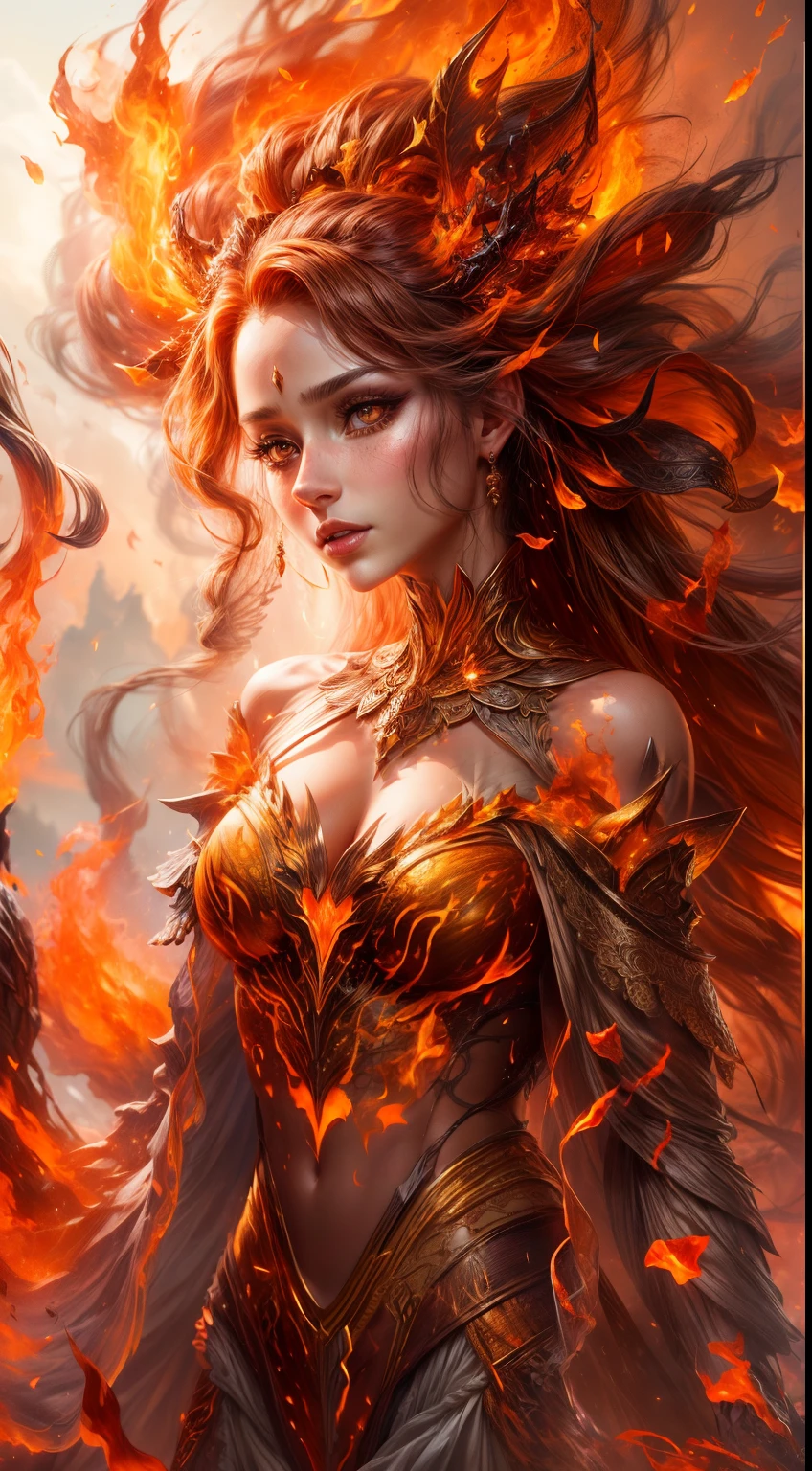 This is a realistic fantasy artwork prominently featuring realistic fire, including wisps of flames, glowing hot embers, subtle curls of smoke, and a beautiful fire druid. The druid stands in the midst of a raging inferno with an interesting composition. Her face is expertly sculpted, with elegant and refined features and perfect shading and realistic skin texture. Her (orange and gold eyes) are stunning and are the focal point of this image. (Her eyes extremely detailed, beautiful detailed eyes, and macro). Her eyes feature intricate detailing with clearly defined irises and bright sclera. Her soft lips are smooth and very puffy, and her skin is adorned with a light flush and ornate fire detailing. Her long gown is stunning and expensive, and is made of pure flames and glittering, ornate jewels that glimmer in the fire light. Her billowing gown glitters from the flames and features a delicately and intricately embroidered bodice with wisps of flames running across it. Include fantasy elements like bumps, stones, fiery iridescence, glowing embers, silk, and an interesting background. Include fiery magical creatures such as fiery birds and fiery butterflies that give off a magical and mystical aura. Lighting: Utilize the latest trends in lighting to enhance the artwork's beauty. Camera: Utilize dynamic composition to create a sense of urgency and excitement. Take inspiration from the current masters of the fantasy genre, including trending artists on Artstation and Midjourney. ((masterpiece))