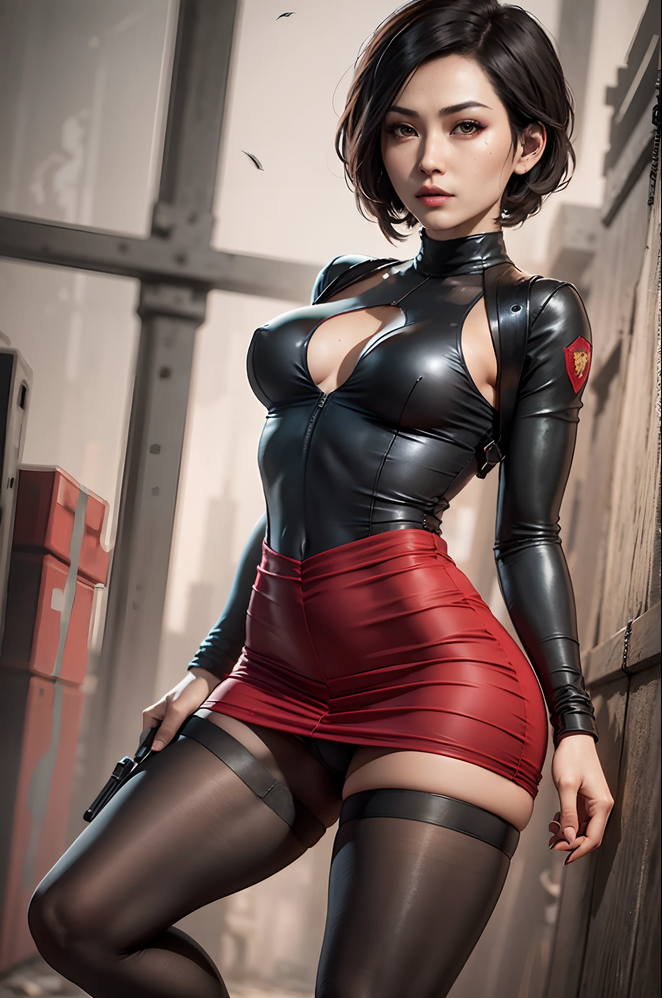 1 rapariga，With a pistol， 独奏， Ada Wong in the Resident Evil 4 remake， short detailed hair， brunette color hair， Red sweater turtleneck dress， Long-sleeved shirt， black colored leggings， nedium breasts， upper legs， hindquarters， black heels， Adriana's face， audience looking， The pistol was hung around her waist， Best quality at best， A high resolution：1.2， 18th century village in the background， shadowing， nightmare， rays of moonlight， Upper body shooting， Low camera angle、depth of fields、Center focus