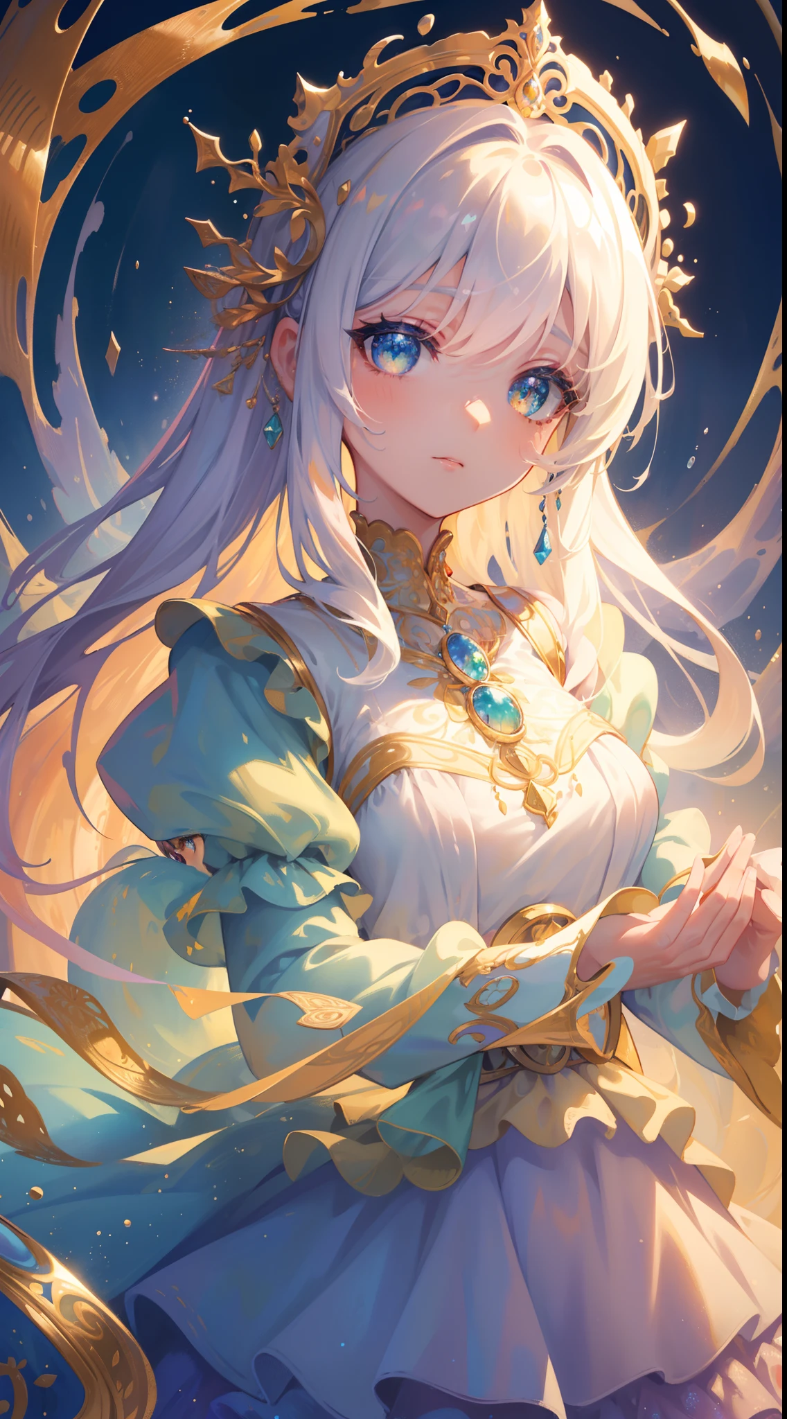 masterpiece, best quality, 8k resolution, sharp focus, intricate detail, beautiful girl, sparkling eyes, golden ratio face, otherworldly liquid, watercolor, cool colors, bright colors, whimsical, colorful, sharp focus, high resolution, fine detail, ((layered tiered puffy long sleeves ballgown)), ((round eyes)), iridescent bubbles, fantasia background