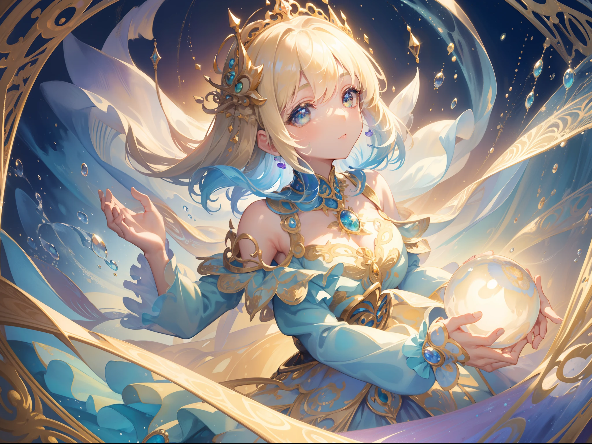masterpiece, best quality, 8k resolution, sharp focus, intricate detail, beautiful girl, sparkling eyes, golden ratio face, otherworldly liquid, watercolor, cool colors, bright colors, whimsical, colorful, sharp focus, high resolution, fine detail, ((layered tiered puffy long sleeves ballgown)), ((round eyes)), iridescent bubbles, fantasia background
