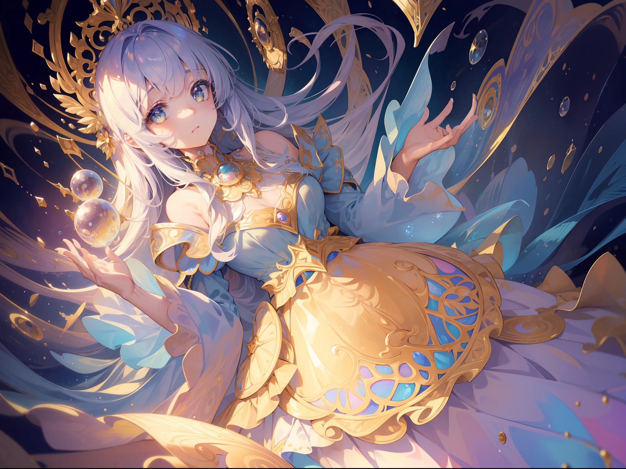 masterpiece, best quality, 8k resolution, sharp focus, intricate detail, beautiful girl, sparkling eyes, golden ratio face, otherworldly liquid, watercolor, cool colors, bright colors, whimsical, colorful, sharp focus, high resolution, fine detail, ((layered tiered puffy long sleeves ballgown)), ((round eyes)), iridescent bubbles, fantasia background