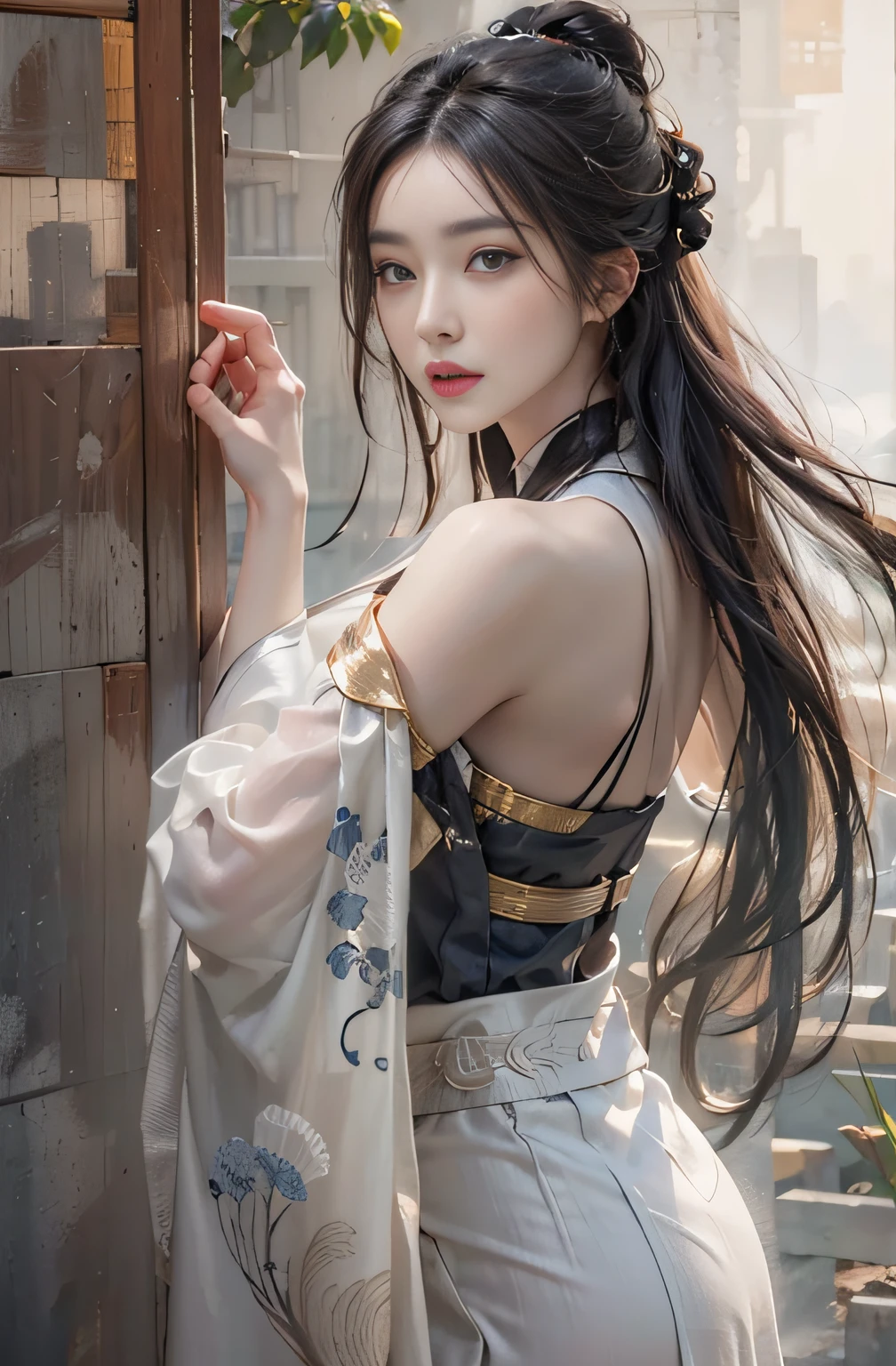 Photorealistic, high resolution, 1womanl, Solo, Hips up, view the viewer, (Detailed face),Black hair, Long hair, Ancient China，white colors
