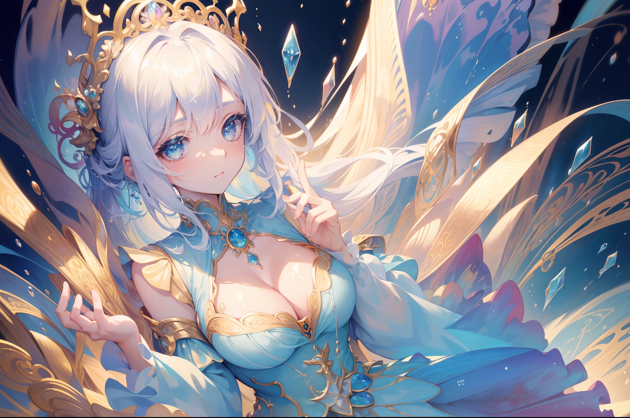 masterpiece, best quality, 8k resolution, sharp focus, intricate detail, beautiful girl, sparkling eyes, golden ratio face, otherworldly liquid, watercolor, cool colors, bright colors, whimsical, colorful, sharp focus, high resolution, fine detail, ((layered tiered puffy long sleeves ballgown)), ((round eyes)), iridescent bubbles, fantasia background