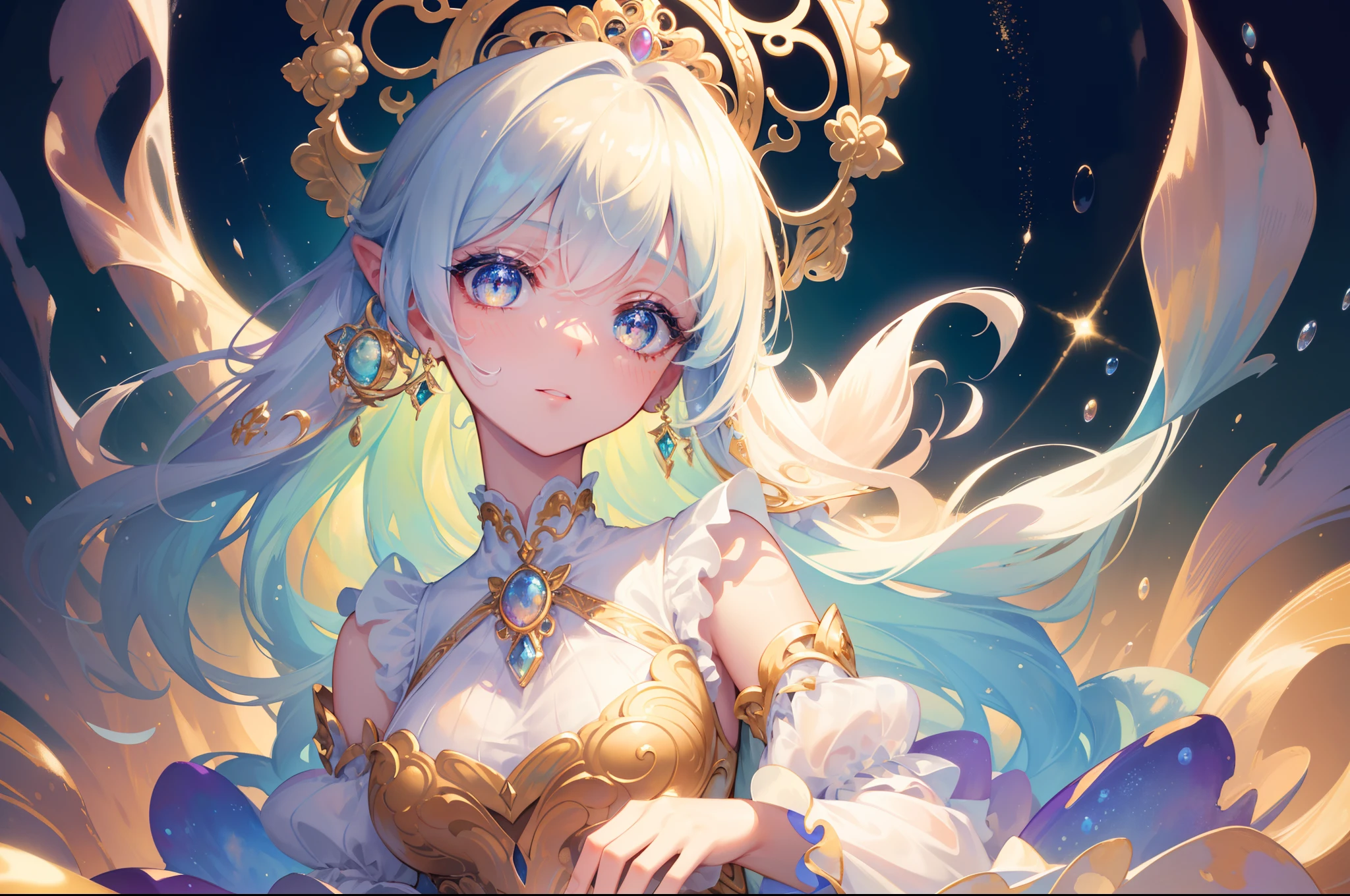 masterpiece, best quality, 8k resolution, sharp focus, intricate detail, beautiful girl, sparkling eyes, golden ratio face, otherworldly liquid, watercolor, pastel colors, bright colors, whimsical, colorful, sharp focus, high resolution, fine detail, princess fantasy flowing ballgown, ((round eyes)), iridescent bubbles, castle landscape in background