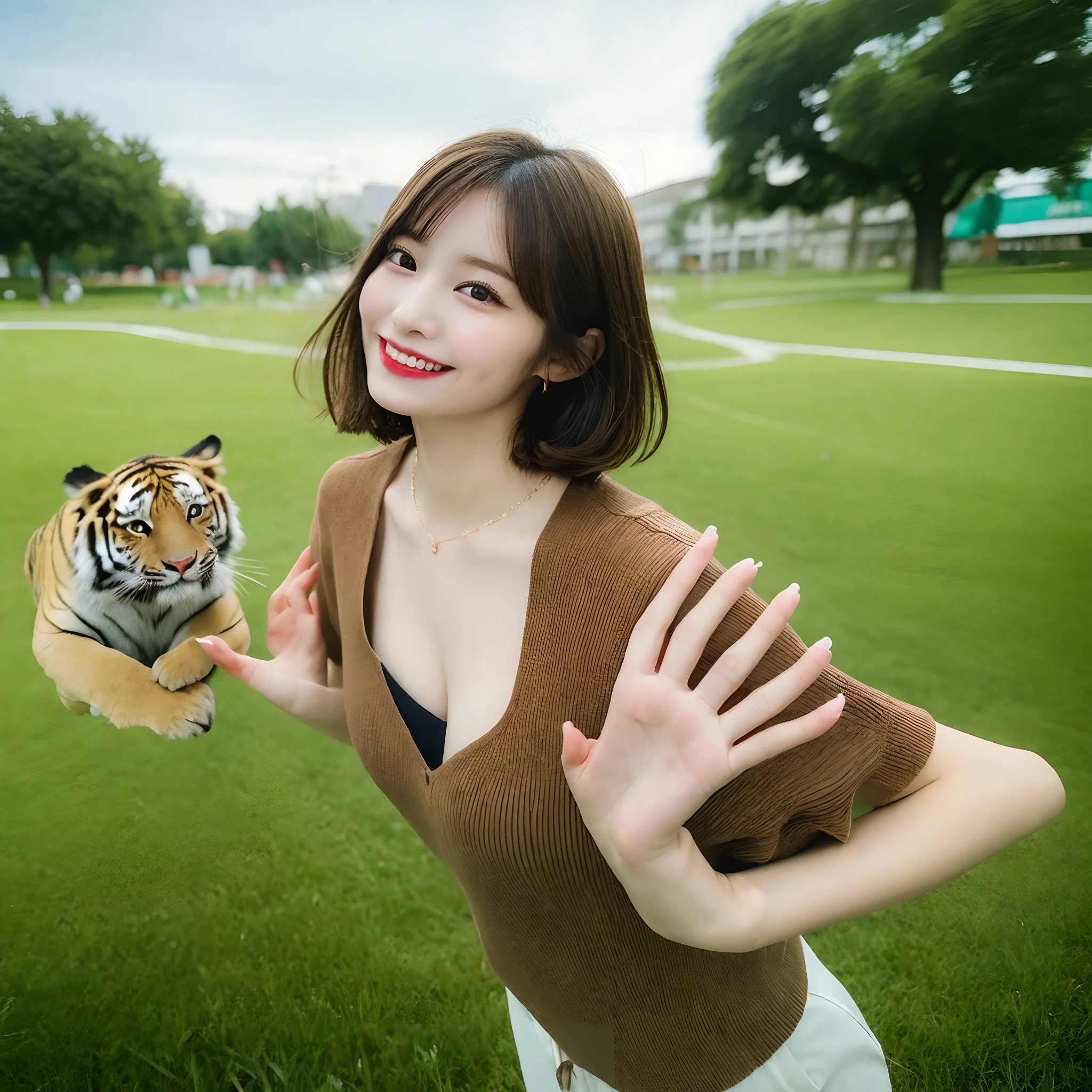 (finaly best quality illustration:1.2), (masterpiece, best quality), absurdres, highres, 8K, (Lomography:1.5),
BREAK,
(1 cute girl),beautiful eyes,(very short hair:1.5),( large breasts:1.2),(brown eyes:1), (brown hair), beautiful skin, small nose, lips, parted lips, realistic, (kawaii girl),(Forehead),Mix4, BREAK,
(10 years old),(smile),(cleavage),(necklace),
BREAK,
(A girl running alongside many tigers in a grassy park: 1.5), (A tiger and a girl laugh happily: 1.2), (The tiger's eyes are adorable: 1.4),
BREAK,
(hair fluttering in the wind:1.5),LUX,(motion blur:1.5),(smile:1.4),
BREAK,