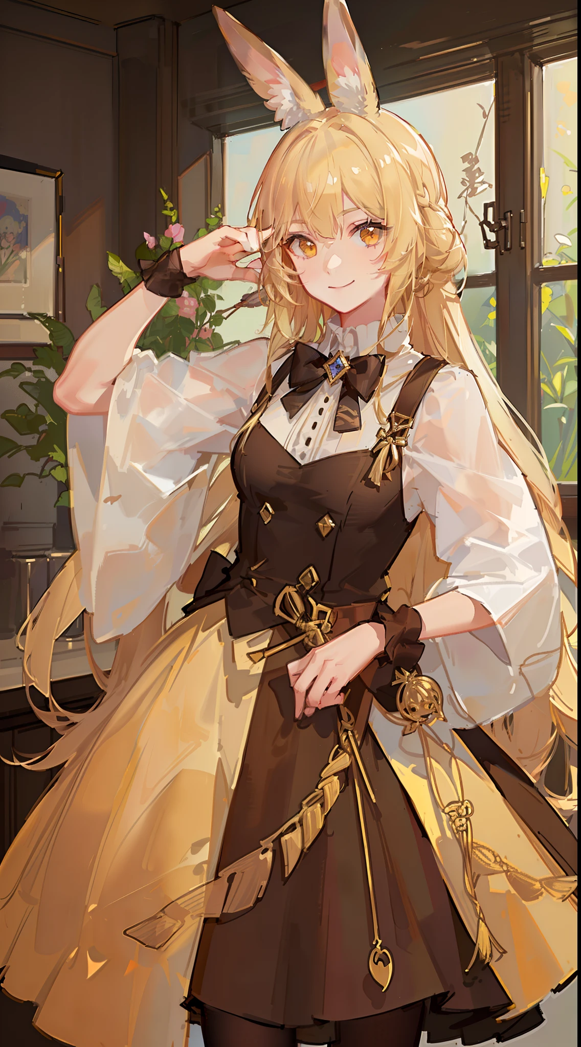 Young guy, blonde hair with brown strands, Yellow eyes, brown rabbit ears, Smile, Bow and arrow, Masterpiece, hiquality