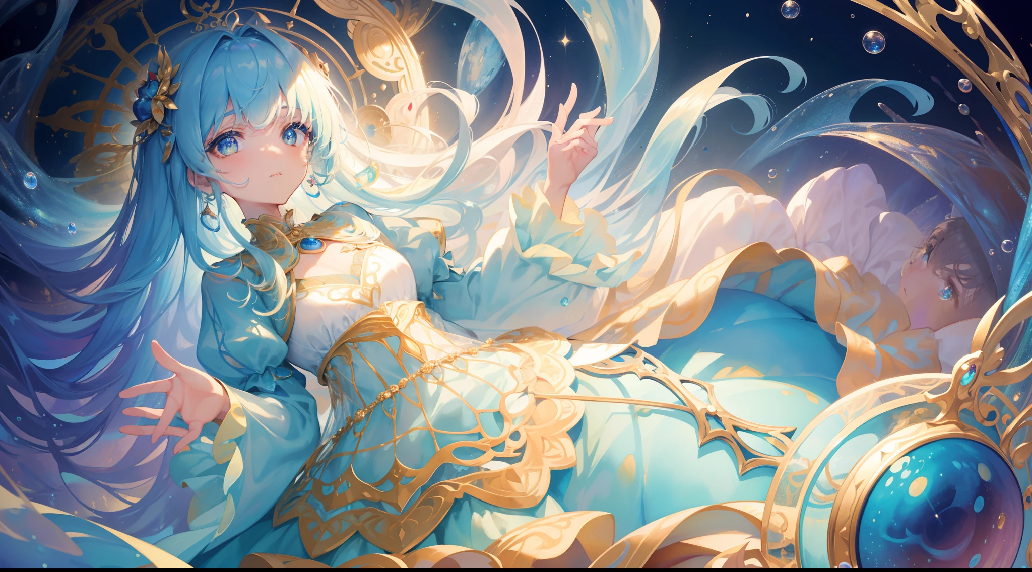 masterpiece, best quality, 8k resolution, sharp focus, intricate detail, beautiful girl, sparkling eyes, golden ratio face, otherworldly liquid, watercolor, cool colors, bright colors, whimsical, colorful, sharp focus, high resolution, fine detail, ((layered tiered puffy long sleeves ballgown)), ((round eyes)), iridescent bubbles, fantasia background