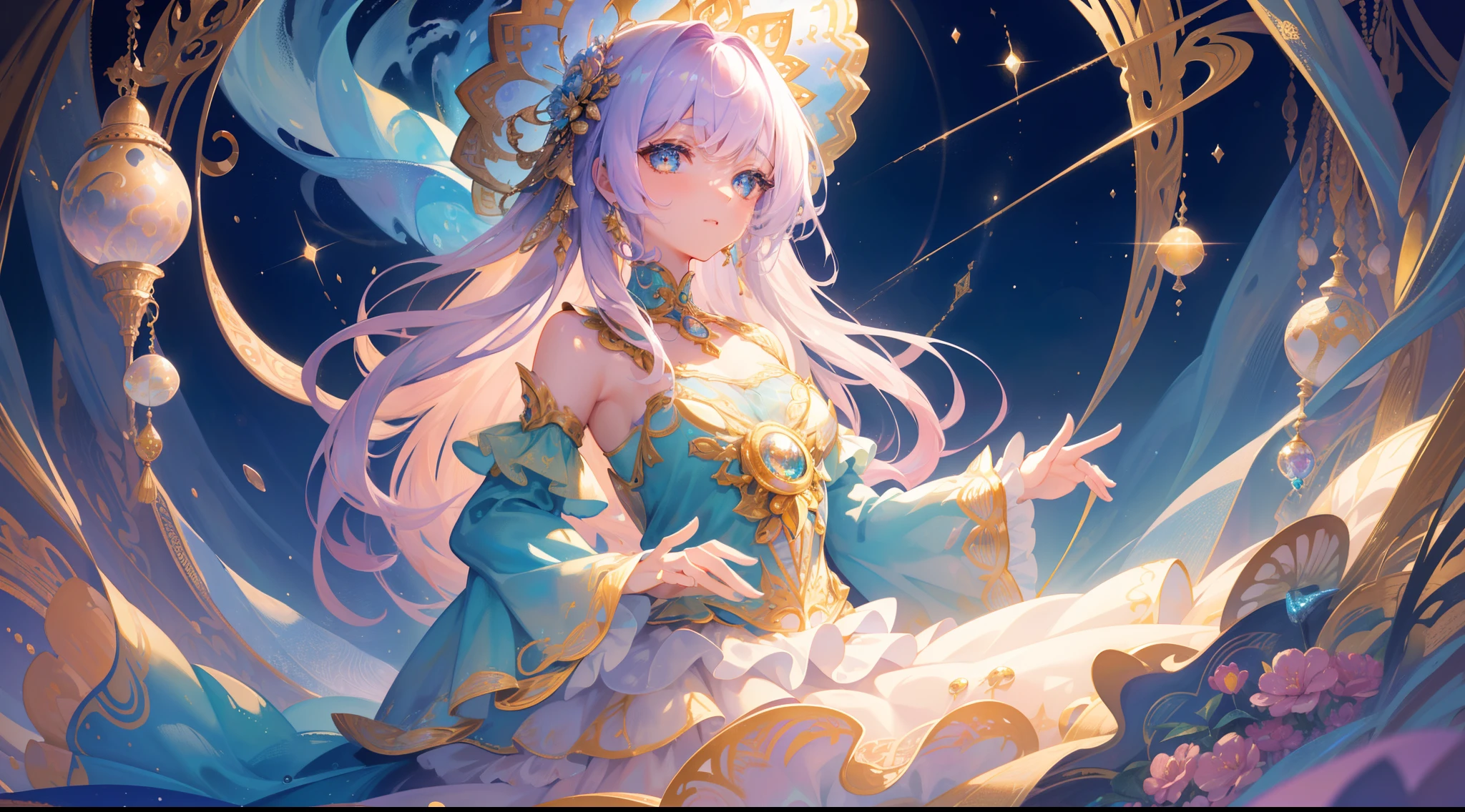 masterpiece, best quality, 8k resolution, sharp focus, intricate detail, beautiful girl, sparkling eyes, golden ratio face, otherworldly liquid, watercolor, cool colors, bright colors, whimsical, colorful, sharp focus, high resolution, fine detail, ((layered tiered puffy long sleeves ballgown)), ((round eyes)), iridescent bubbles, fantasia background