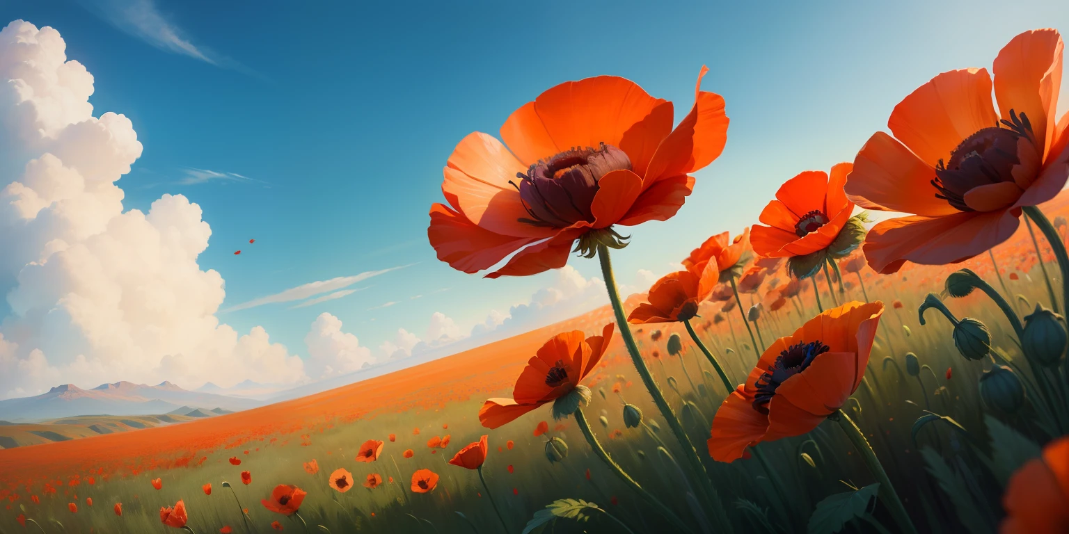 (A high resolution:1.1),best qualtiy,(tmasterpiece:1.2),vivd colour,Digital painting Red poppy,natural beauty,blue-sky,