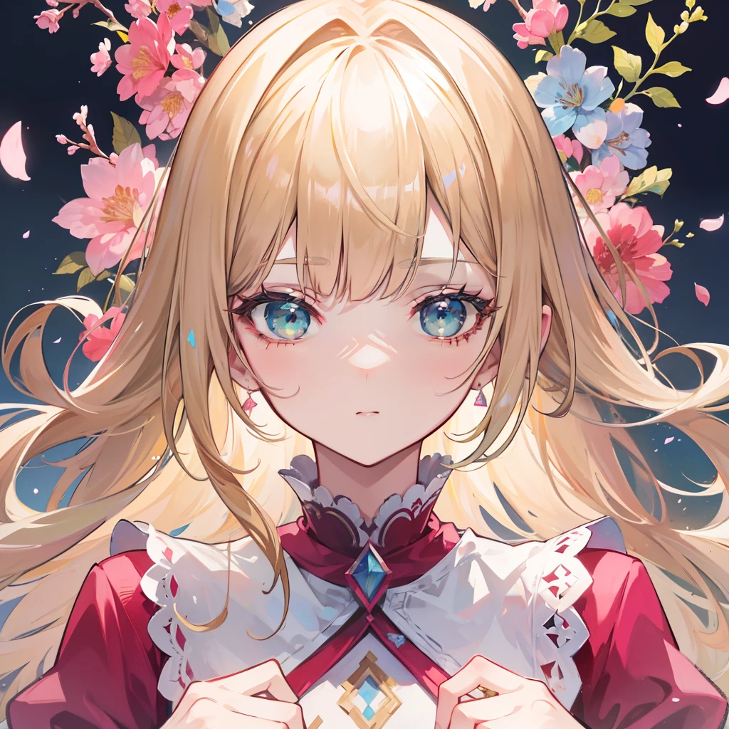 (absurdres, highres, ultra detailed), 1girl, mature female, wavy blonde hair, long hair, blunt bangs, green eyes, pink dress, finely detailed eyes and detailed face, extremely detailed CG unity 8k wallpaper, intricate details, BREAK , kaleidoscopic imagery, symmetrical patterns, vibrant colors, geometric shapes, mesmerizing designs, optical illusions, dynamic composition BREAK , pantomime art, expressive body language, silent storytelling, evocative gestures, visual narratives, theatrical performances BREAK , blooming flowers, colorful petals, fragrant scents, nature's bounty, vibrant gardens, peaceful scenery