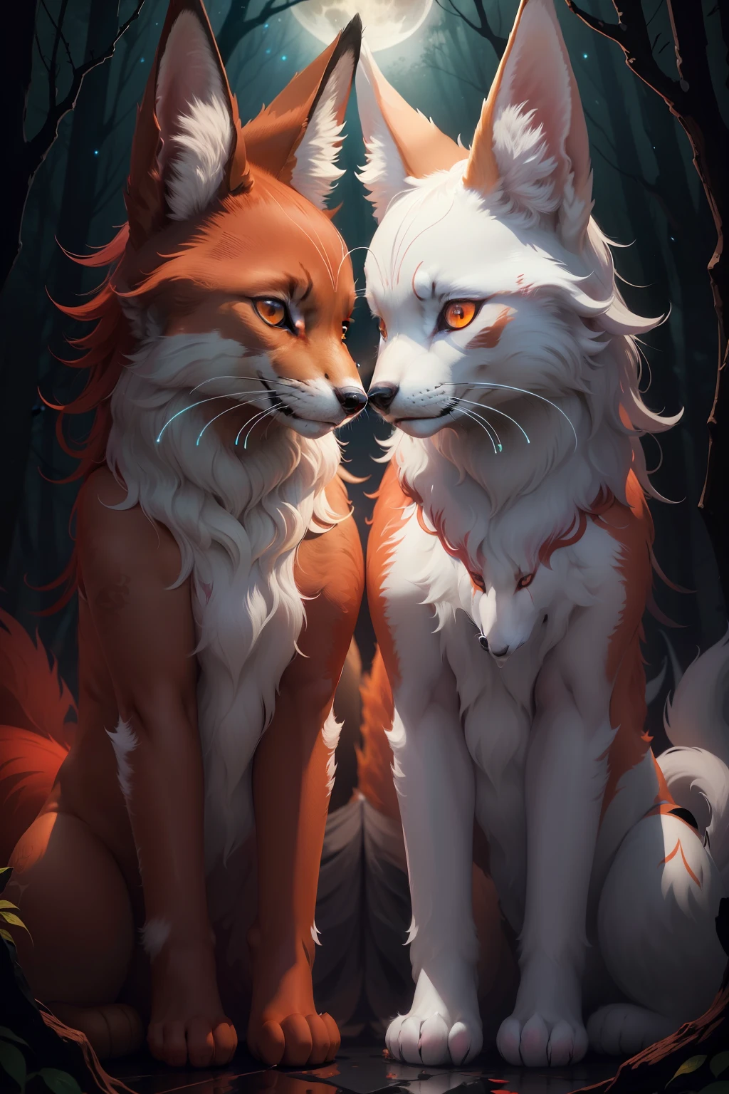 in the deepest darkest night forest lit by the moon and magic glow, a ((cat, maned wolf)) hybrid animal, solid white and deep flame orange to deep red fur tips and iconography, fur color, very dark forest trail with deep maroon flowers of multiple hues grow on ether side of the forest path , wearing a glowing enchanted gemmed color with bioluminescent, bioluminescent, full moon-lit, iconography, hints of deep rich browns and maroon color, ultra detailed, beautiful and aesthetic, High quality, beautiful, masterpiece, best quality, (zentangle, mandala, tangle, entangle :0.6), 24k resolution, photorealistic, mythical white fox with nine tails, looking directly at viewer, white with some red tattoos mythical white fox with nine tails, looking directly at viewer, white with some red tattoos