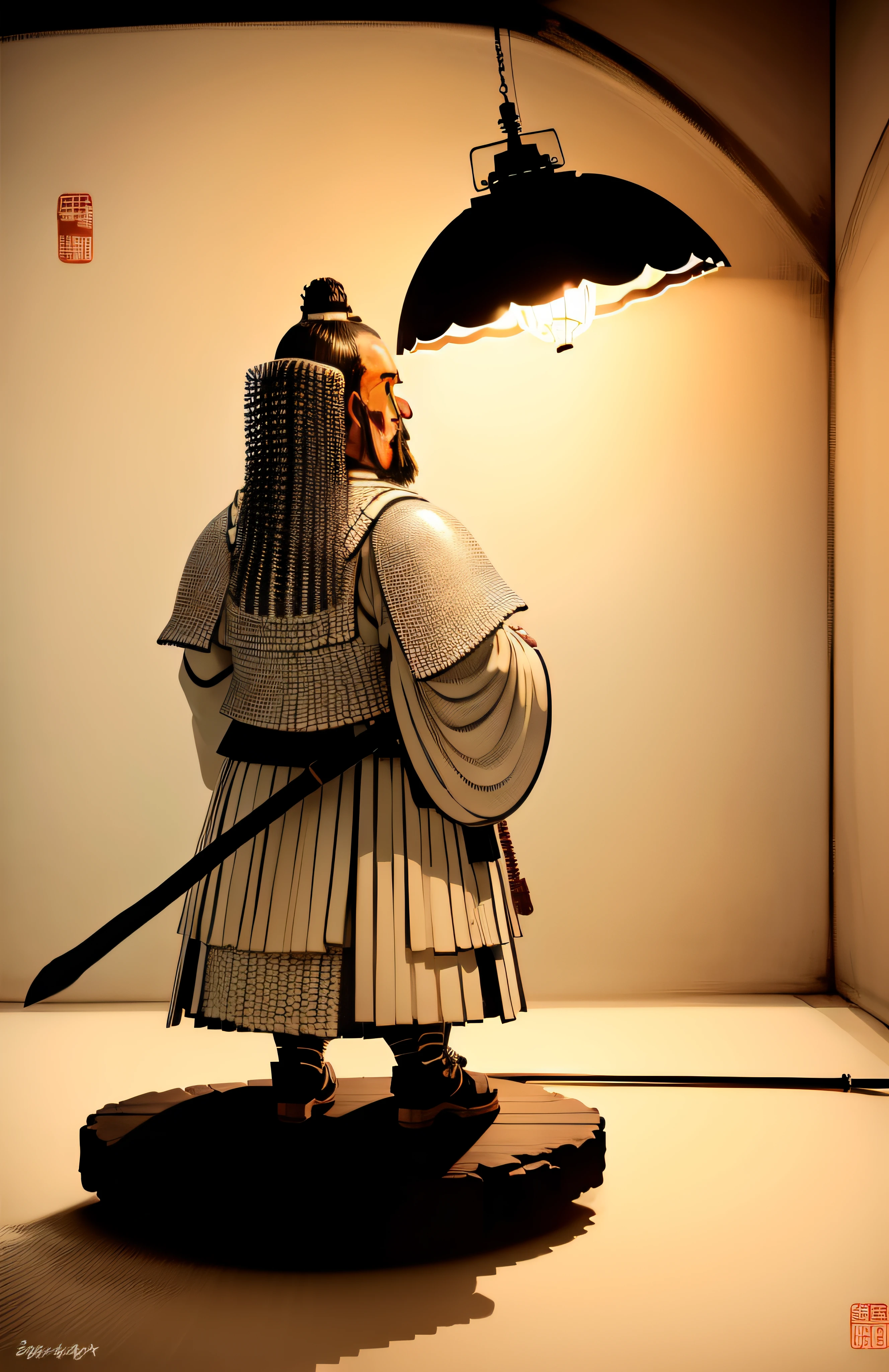 The back of a general in armor from the Song Dynasty, Pick the lamp to look at the sword, The brushstrokes are atmospheric, Hand drawn ink style, Monet, Impressionism, backlighting, UHD