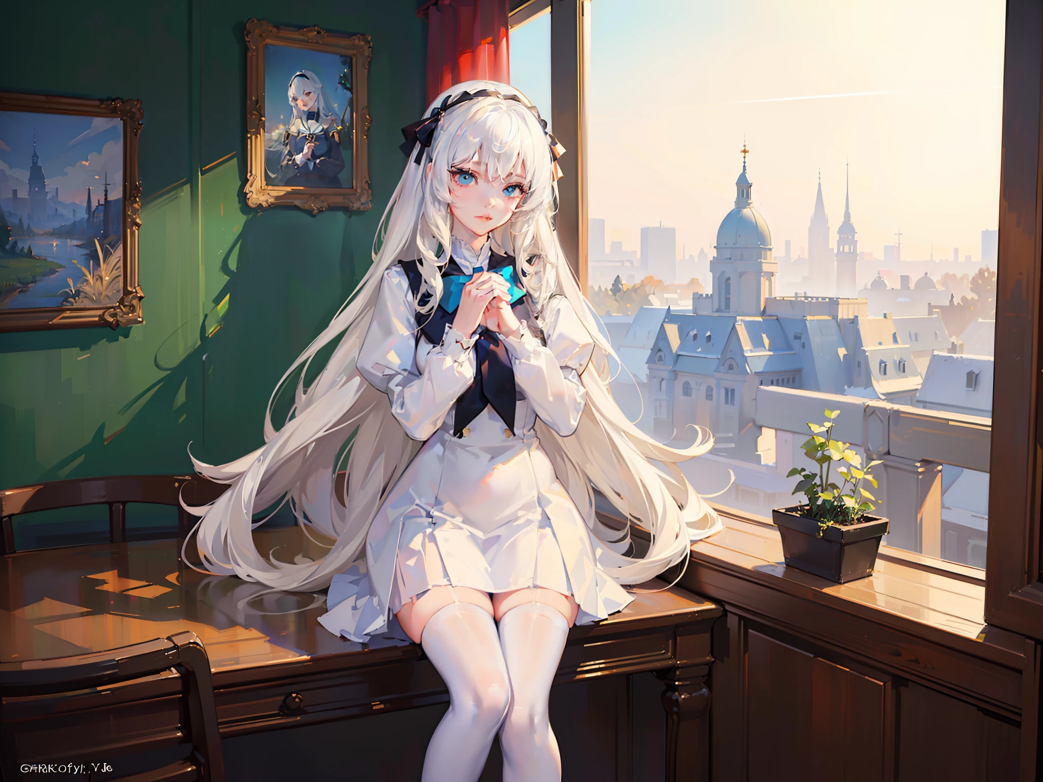 ((Masterpiece，full bodyesbian，girls，being thin》)，High details，Best quality.
8K，（Soft light），Cinematic light，Beautiful eyes,
1girll，White hair，white stockings，cozily，clean and meticulous anime art，
art trend，gentlesoftlighting