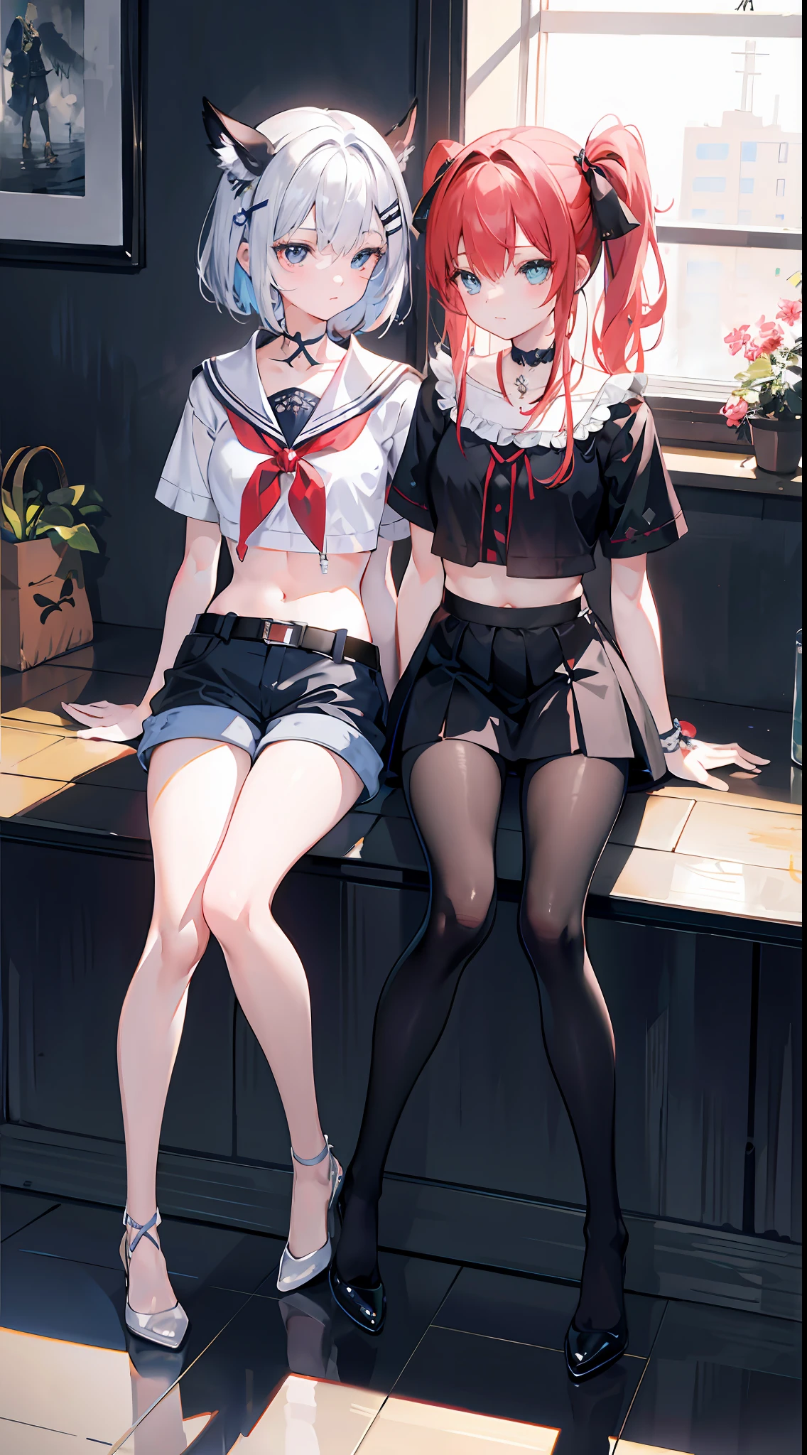 Masterpiece,Best quality,offcial art,Extremely detailed Cg Unity 8K wallpaper, 2girls, cute female , Yuri, hair adornments, Short shorts, Crop top, Pantyhose, ribbon_choker necklace, leg belt,
