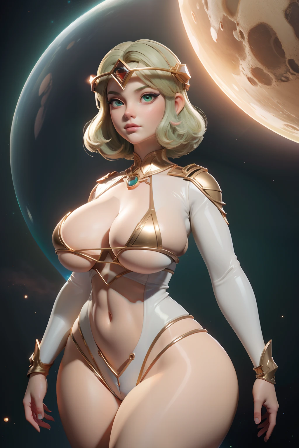 gorgeus voluptuous space amazon girl with a bubble glass helmet in the head, deep green almond-shaped eyes, short blond hair, very small and tight white and orange micro bikini, perfect huge breasts, voluptuous wide hips, muscular thighs, muscular arms, sexy voluptuous belly, massive huge cameltoe, space, spaceship, UHD, retina, masterpiece, anatomically correct, textured skin, high details, award winning, best quality, 8k