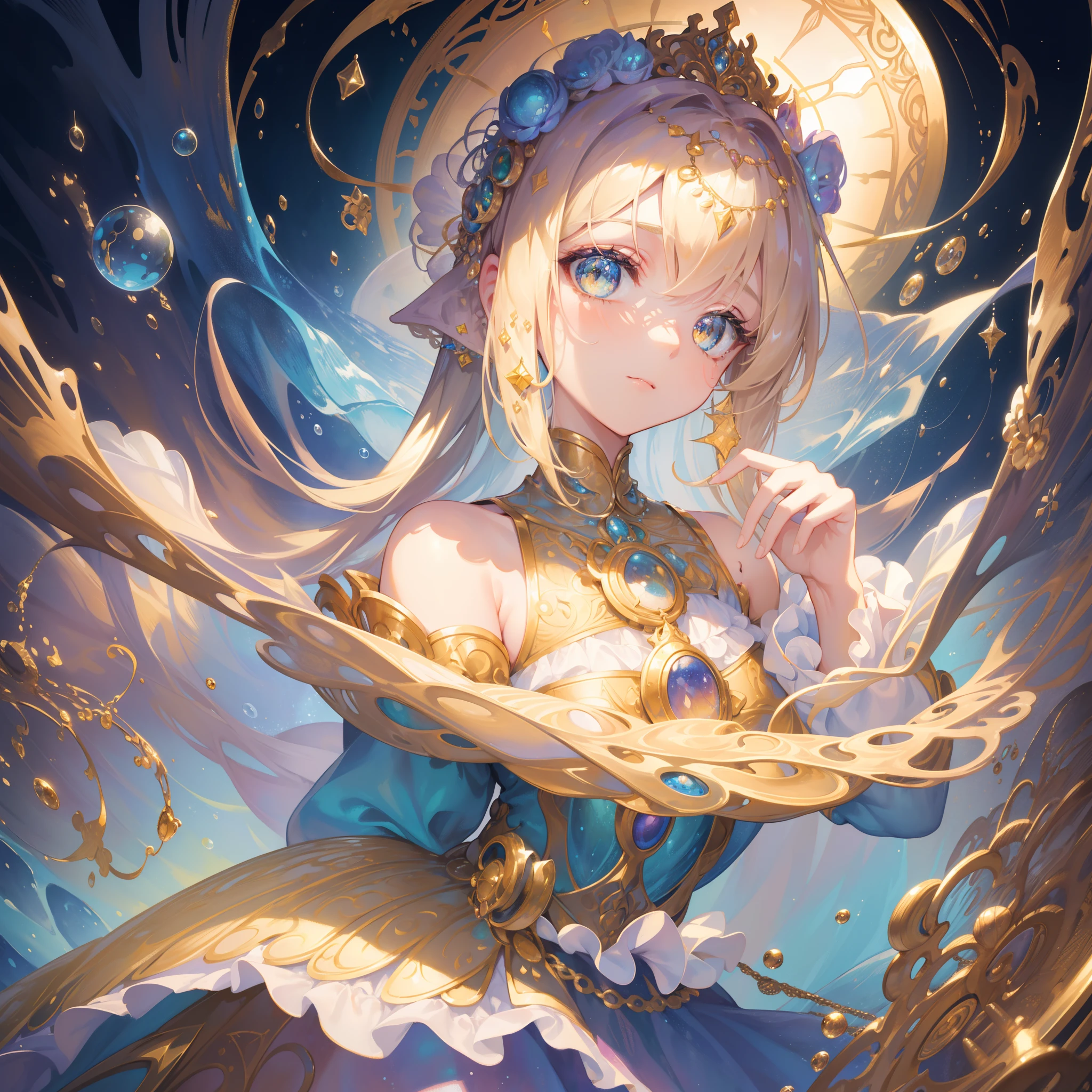 1 girl masterpiece, highest quality, shape, yellow sapphire eyes and hair, platinum earrings, platinum necklace, Sea, The Little Mermaid, cute, (dynamic lighting:1.2), cinematic lighting, delicate features, fine eyes, sharp pupils, realistic student, written boundary depth, Bokeh, sharp focus, (very detailed, bloom, shine:1.4), lots of little gems