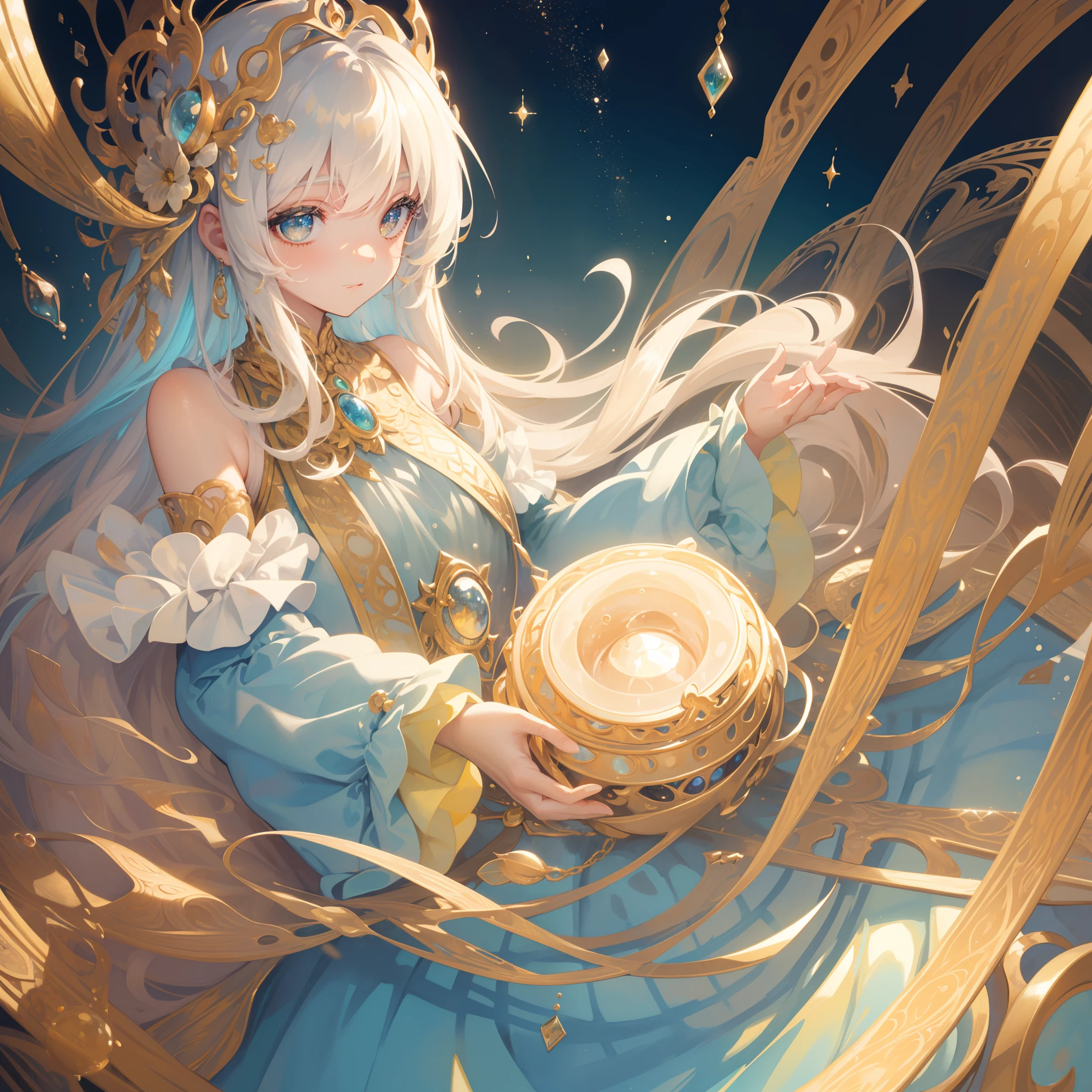 masterpiece, best quality, 8k resolution, sharp focus, intricate detail, beautiful girl, sparkling eyes, golden ratio face, otherworldly liquid, watercolor, muted colors, bright colors, whimsical, colorful, sharp focus, high resolution, fine detail, ((layered tiered puffy long sleeves ballgown)), ((round eyes)), iridescent bubbles, fantasia background