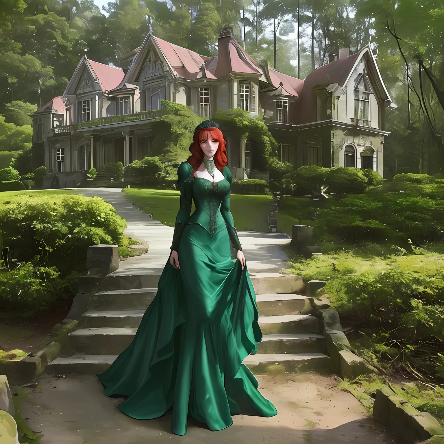 mansion in the forest, dia ensolarado, garota ruiva na frente vestido medieval