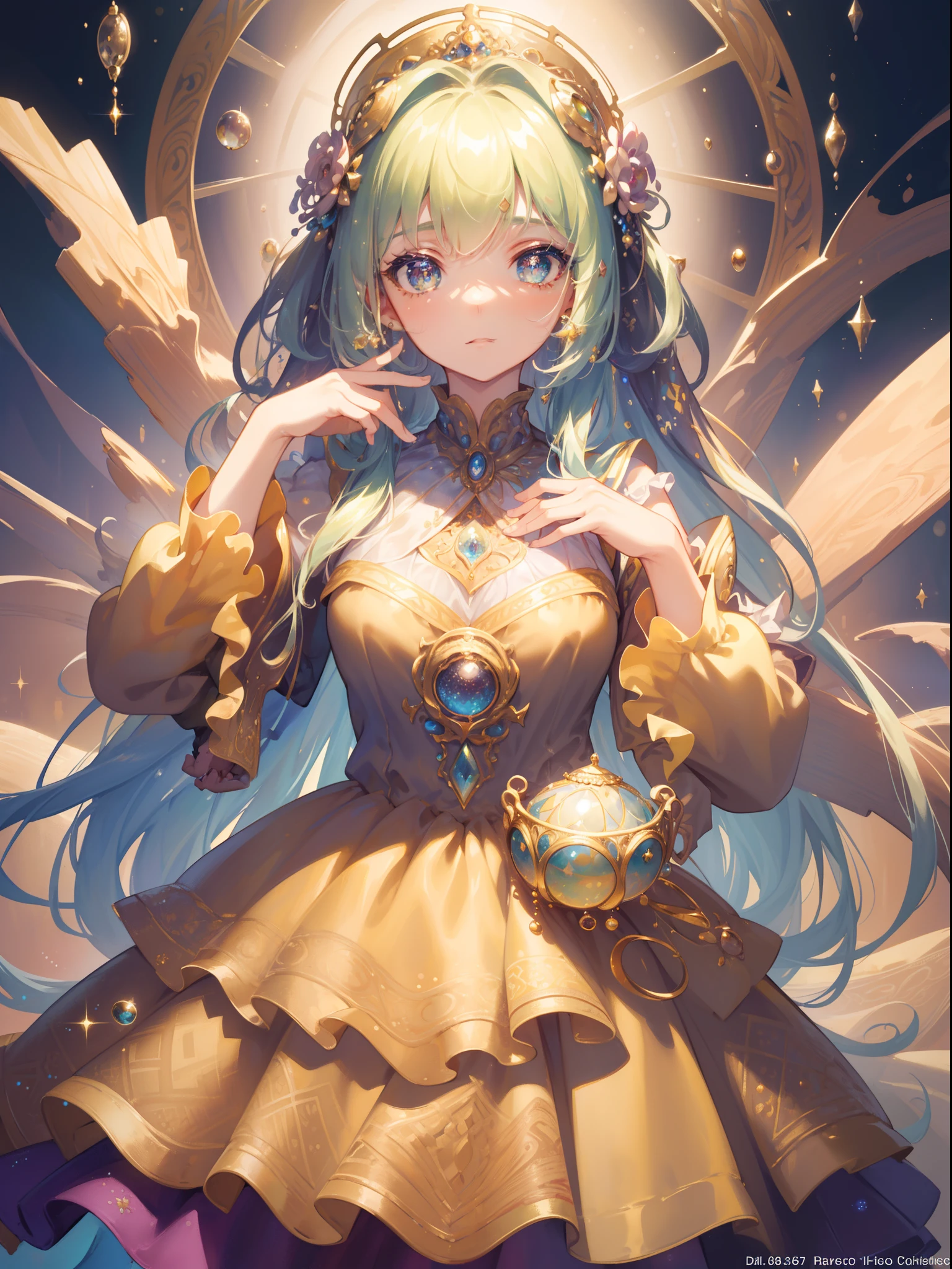 masterpiece, best quality, 8k resolution, sharp focus, intricate detail, beautiful girl, sparkling eyes, golden ratio face, otherworldly liquid, watercolor, muted colors, bright colors, whimsical, colorful, sharp focus, high resolution, fine detail, ((layered tiered puffy long sleeves ballgown)), ((round eyes)), iridescent bubbles, fantasia background