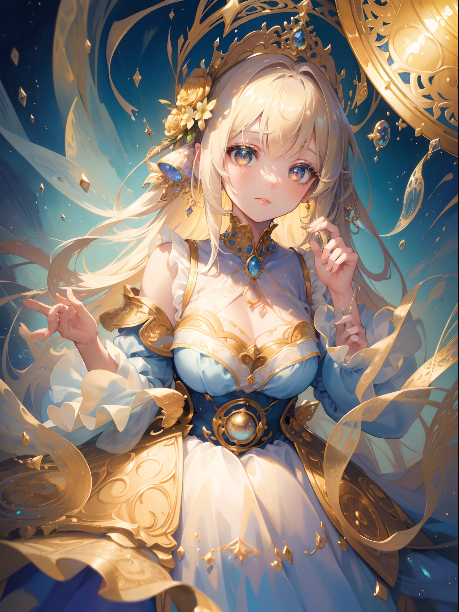 Stunning blonde beauty,light cyan clothes,Meat texture,tenderness,Extremely clear and affectionate royal pupils,golden crystal necklace,Princess,red lips,beauty mark,Blue sky background,The body is fluorescent,it is glowing,Tenderness like water
