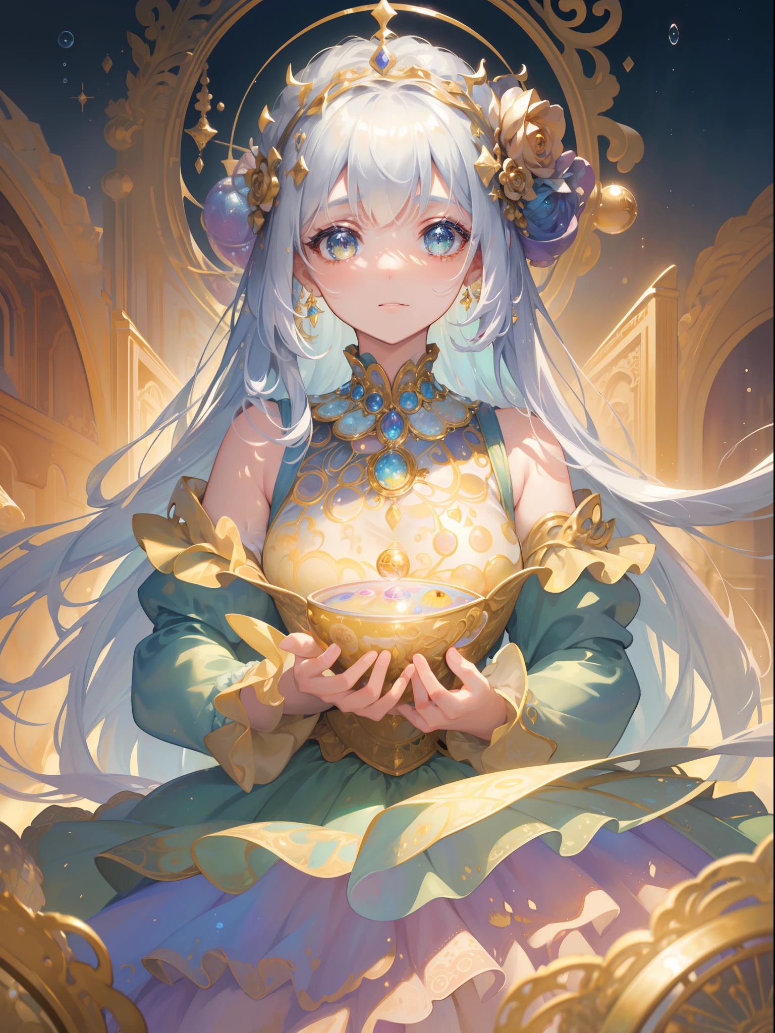 masterpiece, best quality, 8k resolution, sharp focus, intricate detail, beautiful girl, sparkling eyes, golden ratio face, otherworldly liquid, watercolor, muted colors, bright colors, whimsical, colorful, sharp focus, high resolution, fine detail, ((layered tiered puffy long sleeves ballgown)), ((round eyes)), iridescent bubbles, fantasia background