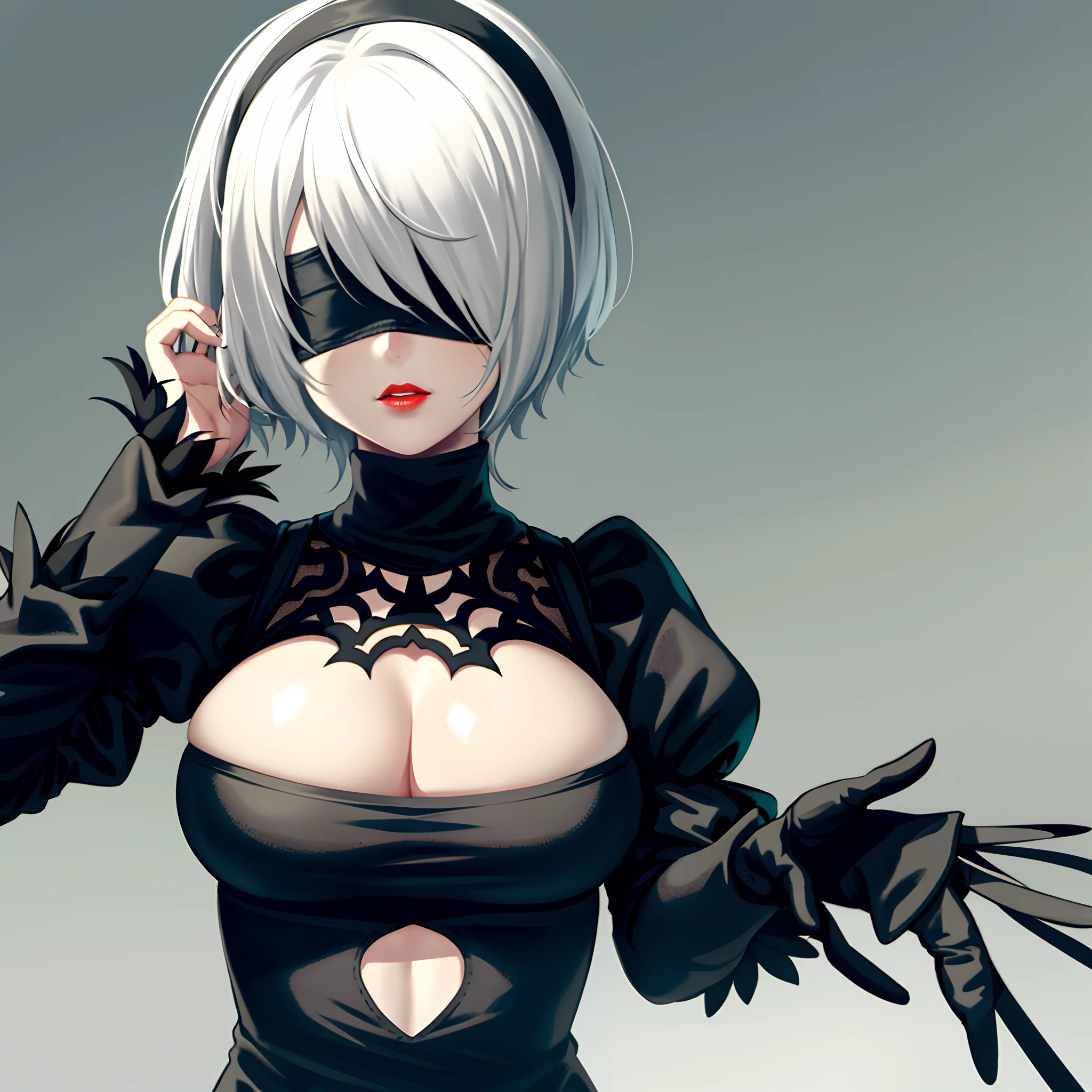 yorha no. 2 type b, 1girl, wlop, (blindfold), breasts, cleavage, cleavage cutout, clothing cutout, green background, hair between eyes, hairband, highres, juliet sleeves, long sleeves, nier (series), nier automata, puffy sleeves, red lips, shaded face, short hair, solo, turtleneck, upper body, white hair, sky