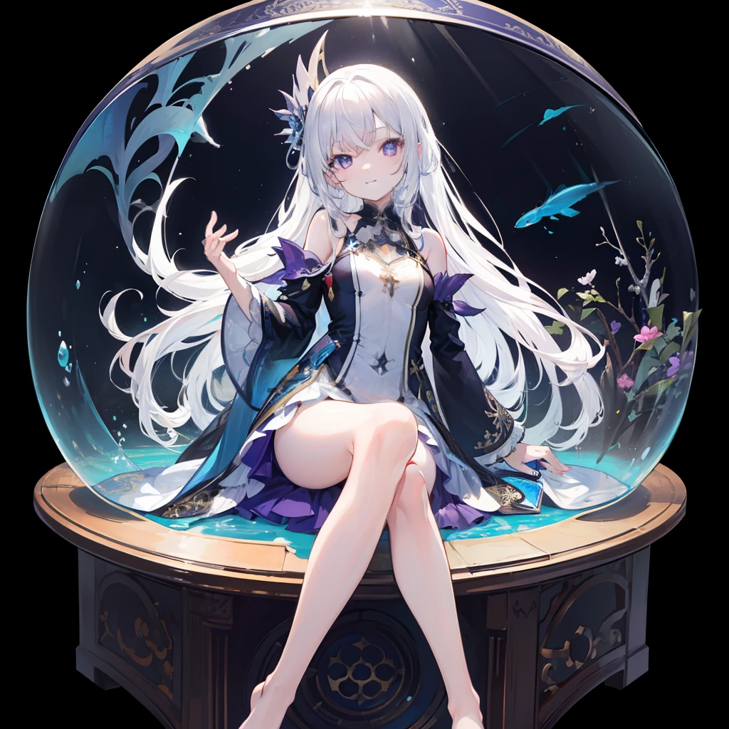 [(Transparent background:1.5)::5],(((Masterpiece))),(((Best quality))),(((Extremely detailed))),illustration, 1girll,Solo,mysterious,vivd colour,Shiny, Underwater transparent sealed hemispherical glass dome, (White hair),(Purple eyes), full bodyesbian,Barefoot,Long hair is calm and natural, Koi,Underwater, Dome,Close up,Dynamic actions,Lens perspective,(((Box composition))),sitting cross-legged，Leaning against the bookshelf, voluminetric lighting, multi colored eyes, Detailed eyes, ultra - detailed,Light smile, Highly detailed, Beautiful, small detailed, Ultra detailed, Best quality, Intricate, 4K, 8K, trending on artstationh, Good anatomy, Beautiful lighting, Award-winning,