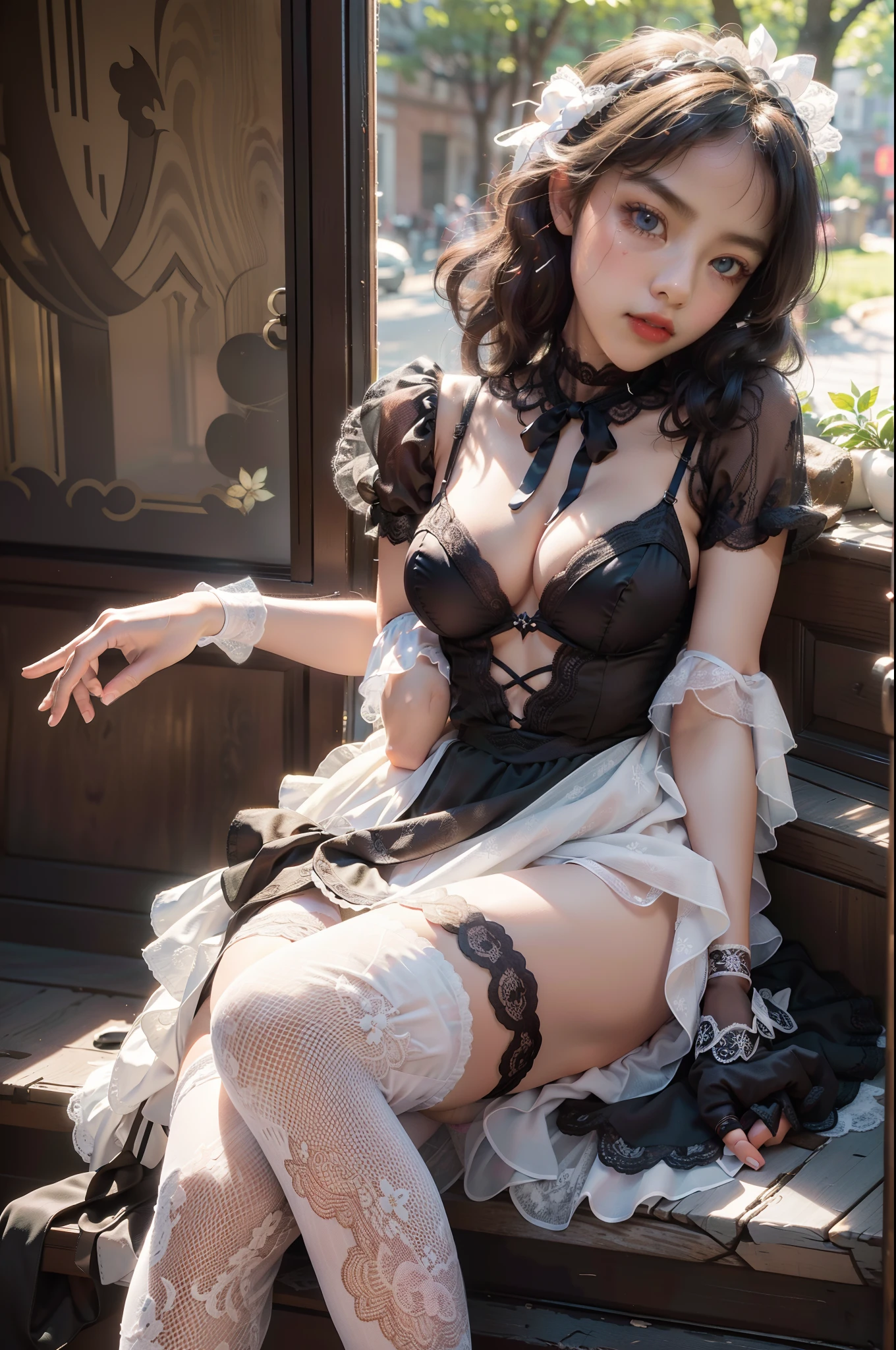 ((Masterpiece)), (Top Quality), 8k, High Detail, Ultra Detail, 24-year-old woman sitting (Vintage Photo Style: 1.1), Ethereal and whimsical style, Masterpiece, Raw, white underwear, Tense underwear, Photos that capture the charm and innocence of Lolita fashion, Intricate details introducing the intricate lace and ruffles of the dress, Delicacy, vintage aesthetics, whims, Lolita fashion, delicate bows that adorn dresses and stockings, lace gloves that add a touch of elegance, delicacy, vintage aesthetics, "charming and seductive, doll-like, ethereal, romantic, whimsical, timeless", soft sunlight gives a warm glow to porcelain skin, creating a dreamy atmosphere, realism, VFX, FXAA, TXAA, RTX, SSAO, Shaders, No Noise, Ambient Lighting, Tone Mapping, Soft Sunlight, High Resolution, Ultra HD, Megapixel, (8k Resolution: 1.10), 8K, 8K Resolution, High Detail, Intricate Details, Delicate Expression, (High Quality: 1.2, Masterpiece: 1.2, : 1.21), (24 Years Old, Female: 1.21), (Graceful Posture, sitting calmly), (innocent and seductive eyes), (playful and whimsical pose), (crying face, tears, feeling fear), while sitting on the stairs in white stockings, she exudes an enchanting aura that takes you into a world of fantasy and beauty