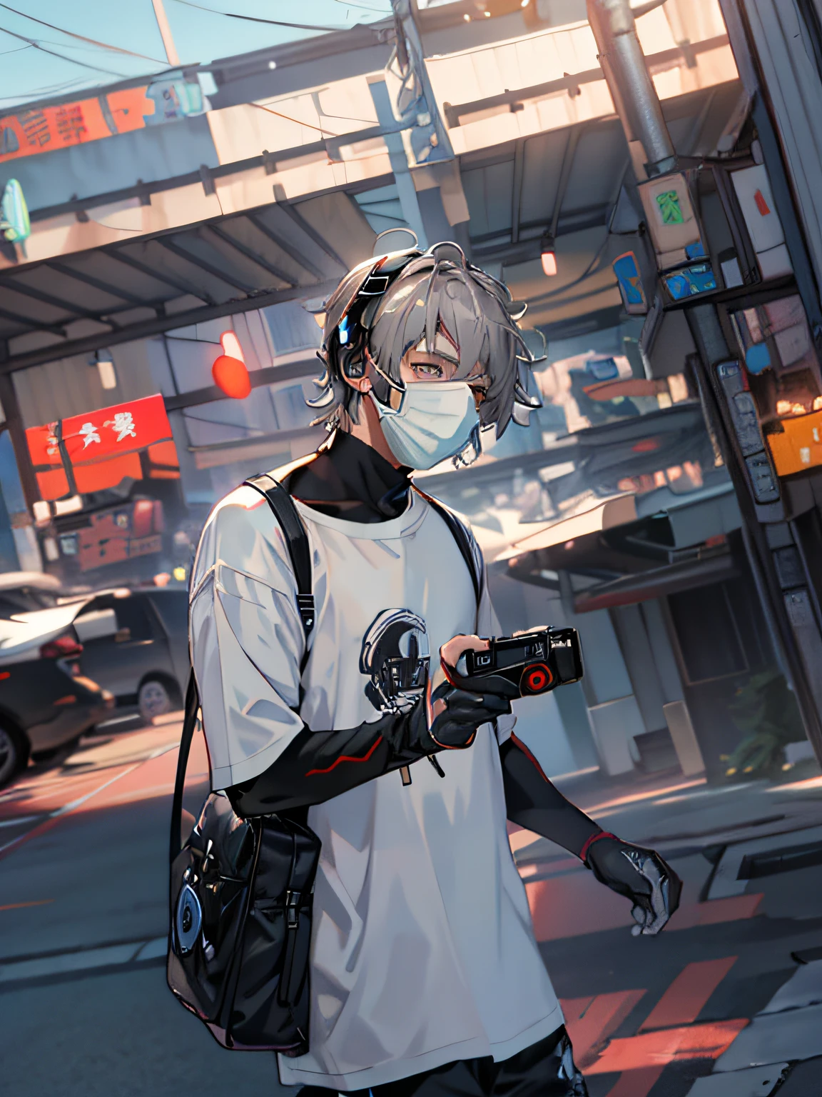 A man wearing a white T-shirt and a white mask is walking down the street....., Wearing a white face mask, Wear a mask......, anime, Camera Backpack, Wear a mask...., Anime style mixed with , Wearing Fisher 🧥, Wear Out - White Style, ultra-detail, high-res, ultra-detail, bestquality, Marvel, top-quality, Extreme detail CG Unity 8k wallpaper, Movie Light, Syberpunk, Dark Boy, Gray Hair , headset