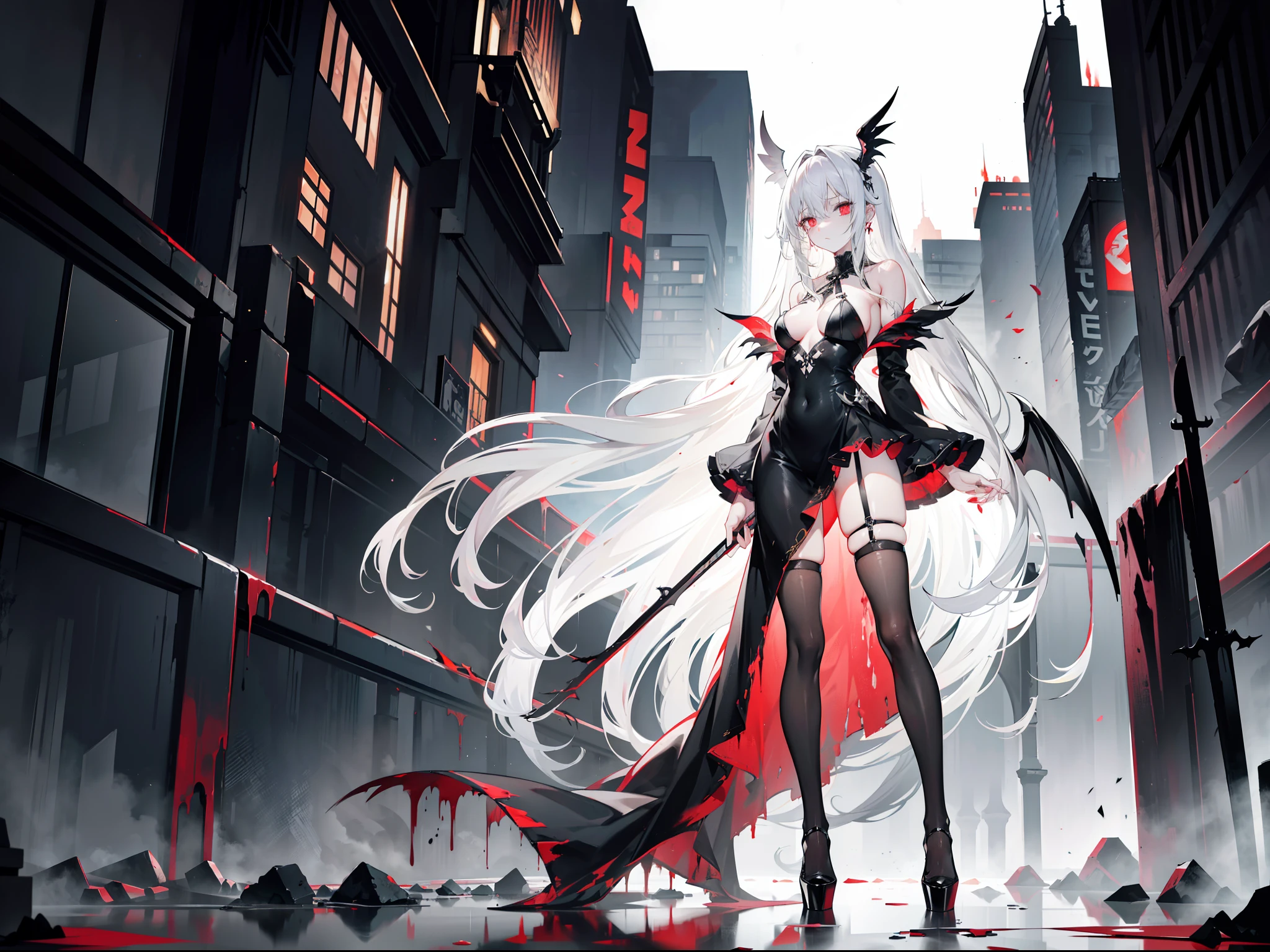 Beautiful girl with white hair,with hair dishevelled,long whitr hair,The ends of the hair gradually turn black,Extremely tall,Thin,Wearing a long black dress,black lence stockings,Extremely high black heels,The expression is grim,抖S,Sick,Silver pupils,Be covered in blood,Standing among the ruins of a city covered with corpses,Perverted murderer,The demons,Extremely thin and tall,The legs are very thin,Behind him were a pair of extremely large black wings covered in blood,terroral,The legs are very long,The body is extremely thin,There are red blood stains under the eyes,The body was covered in blood