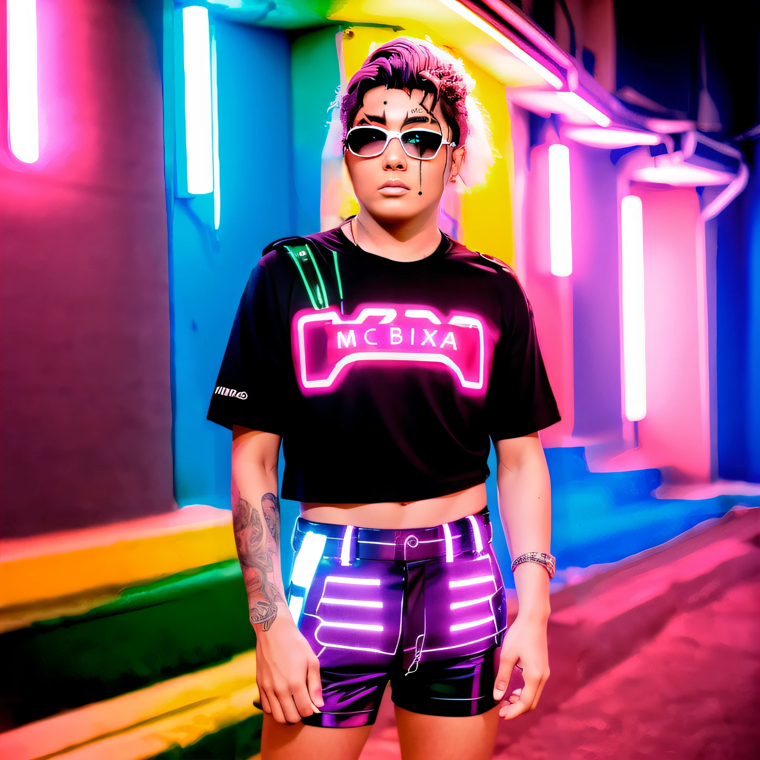 Roupa Neon. Luzes de led. Rua Anoite com luzes coloridas.