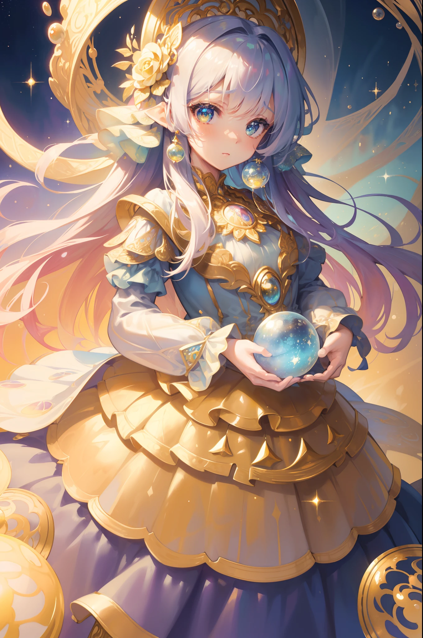 masterpiece, best quality, 8k resolution, sharp focus, intricate detail, beautiful girl, sparkling eyes, golden ratio face, otherworldly liquid, watercolor, muted colors, bright colors, whimsical, colorful, sharp focus, high resolution, fine detail, ((layered tiered puffy long sleeves ballgown)), ((round eyes)), iridescent bubbles, fantasia background